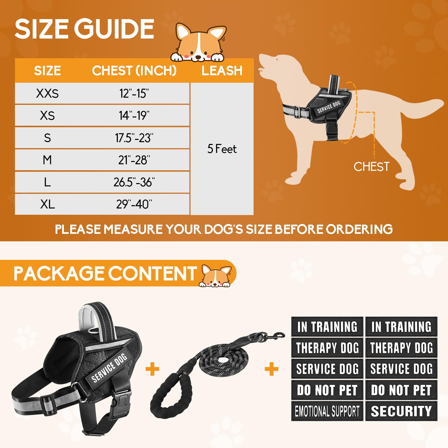 Service Dog Vest Harness And Leash Set, Animire In Training Dog Harness With 8 Dog Patches, Reflective Dog Leash With Soft Padded Handle For Small, Medium, Large, And Extra-Large Dogs (Black,M)