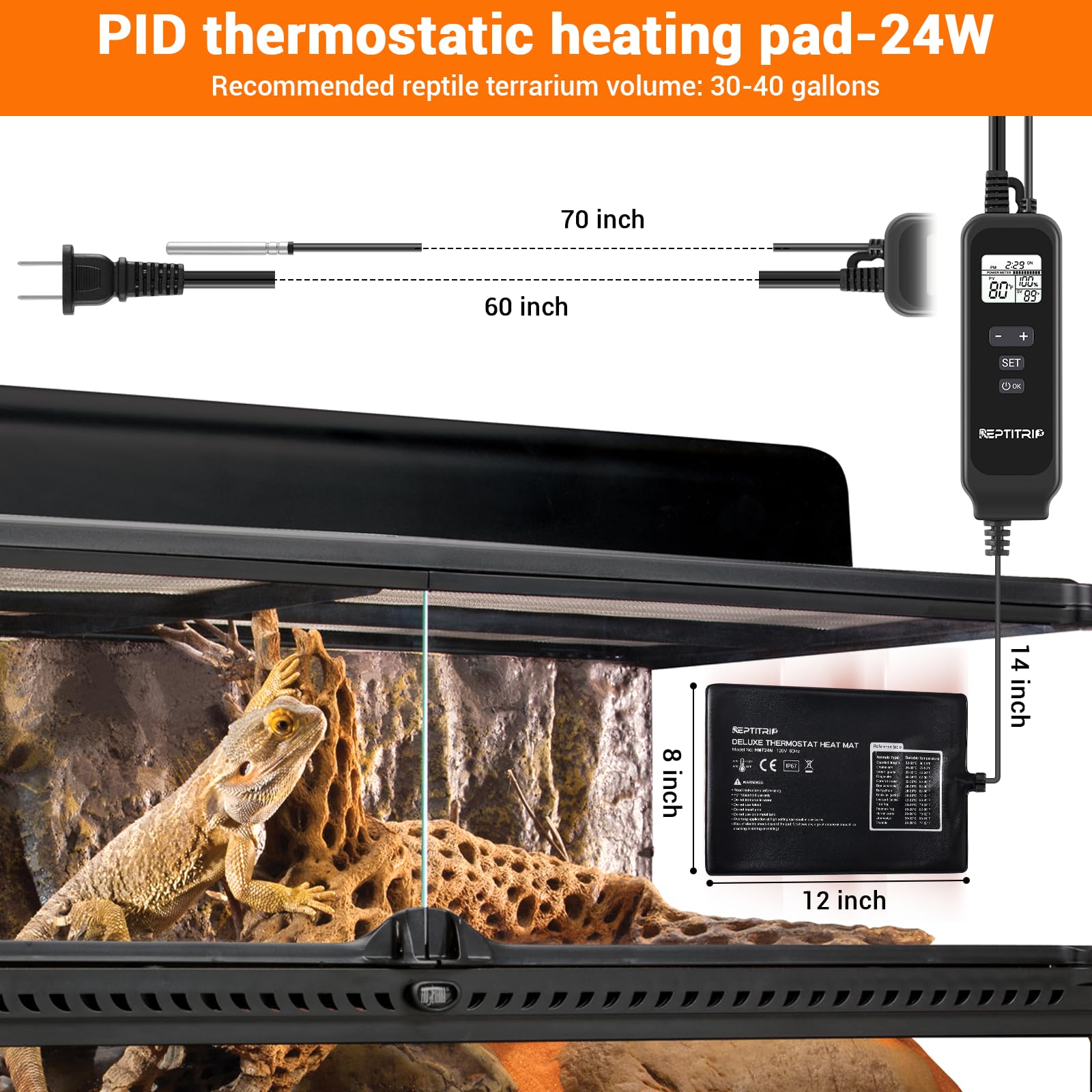 Reptitrip Reptile Heating Pad With Pid Thermostat 8''X12'' 24W, Reptile Heat Mat For 30-40Gal Tank, Heat Pad With High Temperatu
