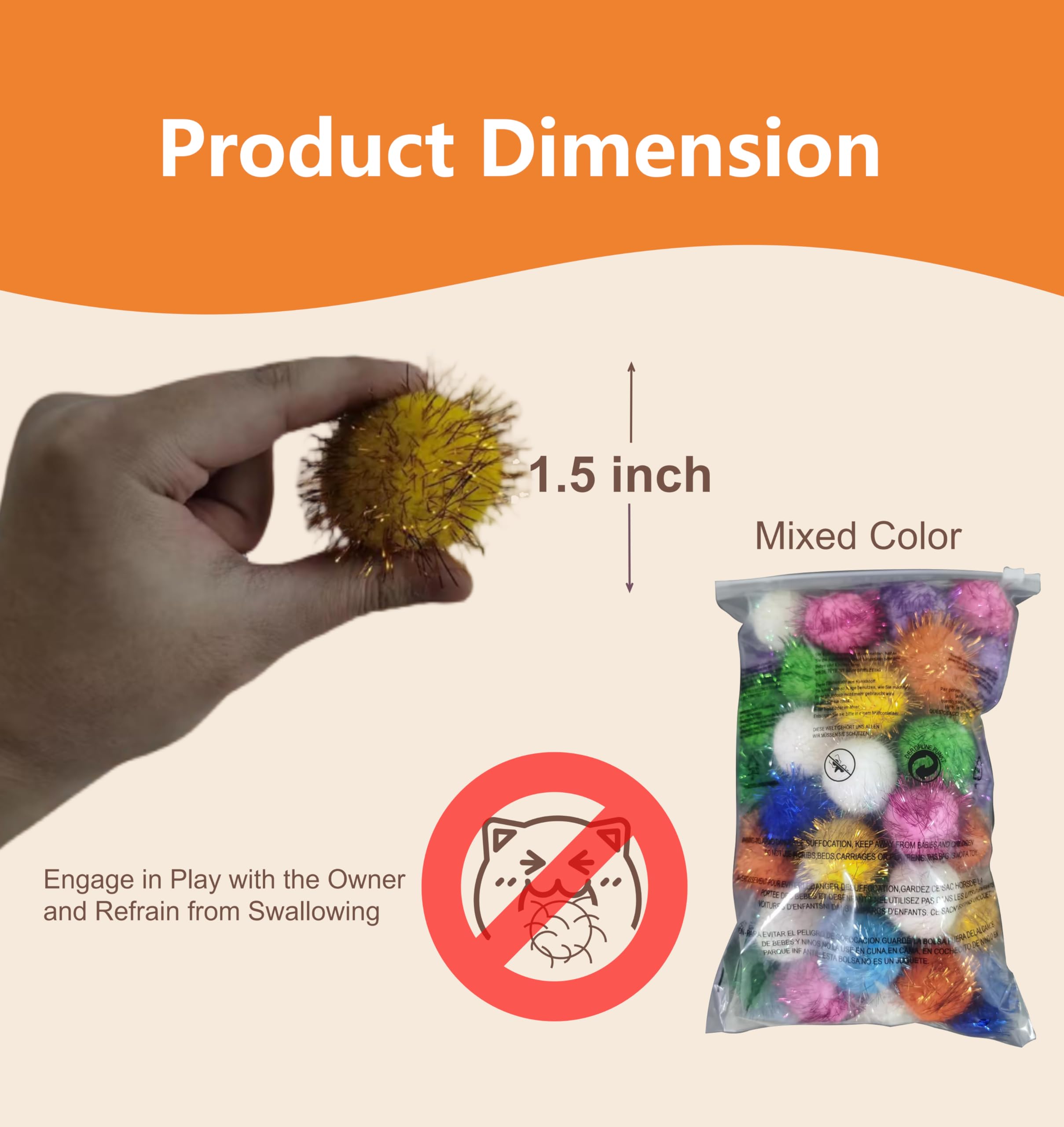 Yruizqmt 50 Pcs Cat Pom Pom Balls, 1.5 Inch Colorful Sparkle Ball Large For Cats, Cat Toy Balls With Tinsel Glittering Material,