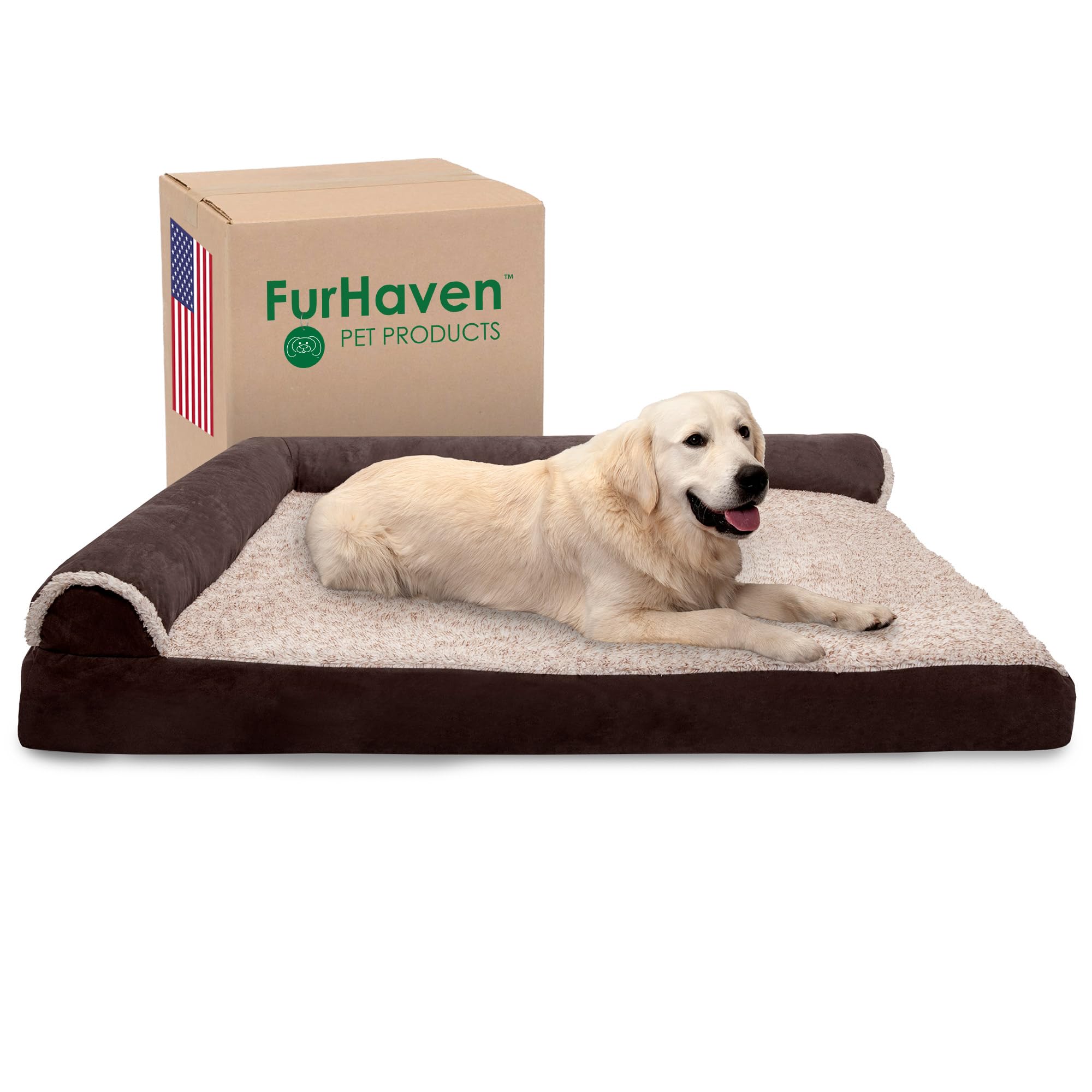 Furhaven Memory Foam Dog Bed For Large Dogs W/ Removable Bolsters & Washable Cover, For Dogs Up To 125 Lbs - Two-Tone Plush Faux