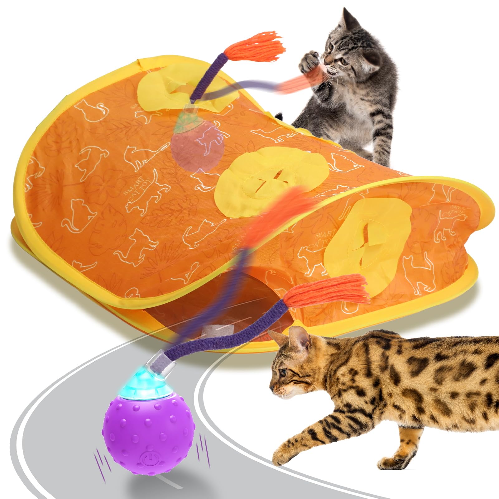 Saolife Interactive Cat Toys Ball Fast Rolling In Pouch, Touch Activated, Hide And Seek, Moving Ball With Tail, Real Mouse Squea