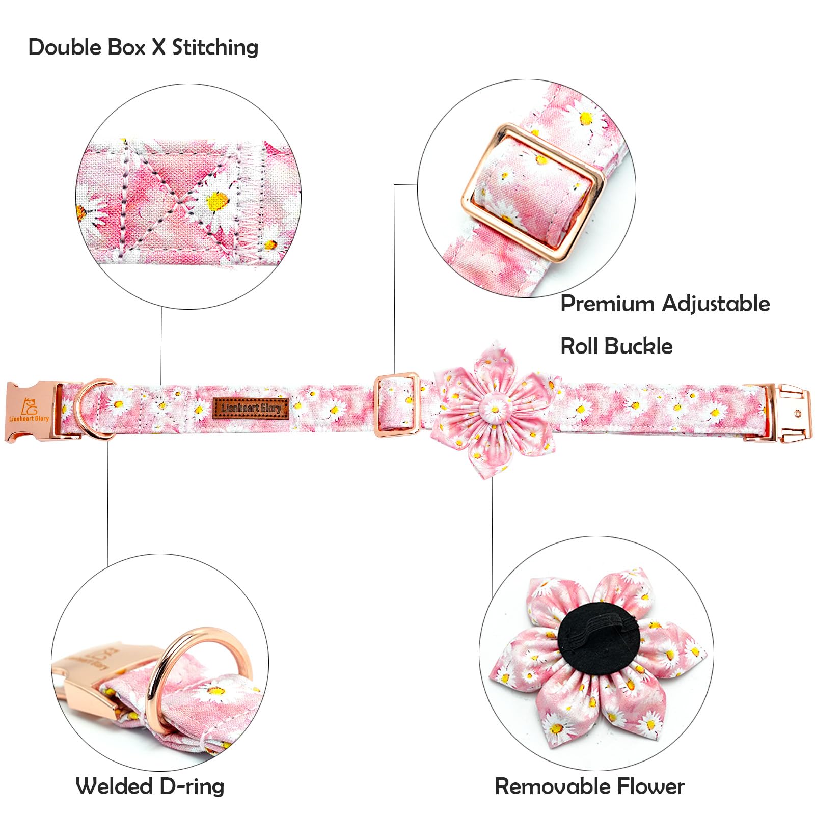 Lionheart Glory Dog Collar With Flower Pink Floral Pattern Dog Collar For Medium Dogs, Adjustable Soft Sturdy Girl Collars Flowe