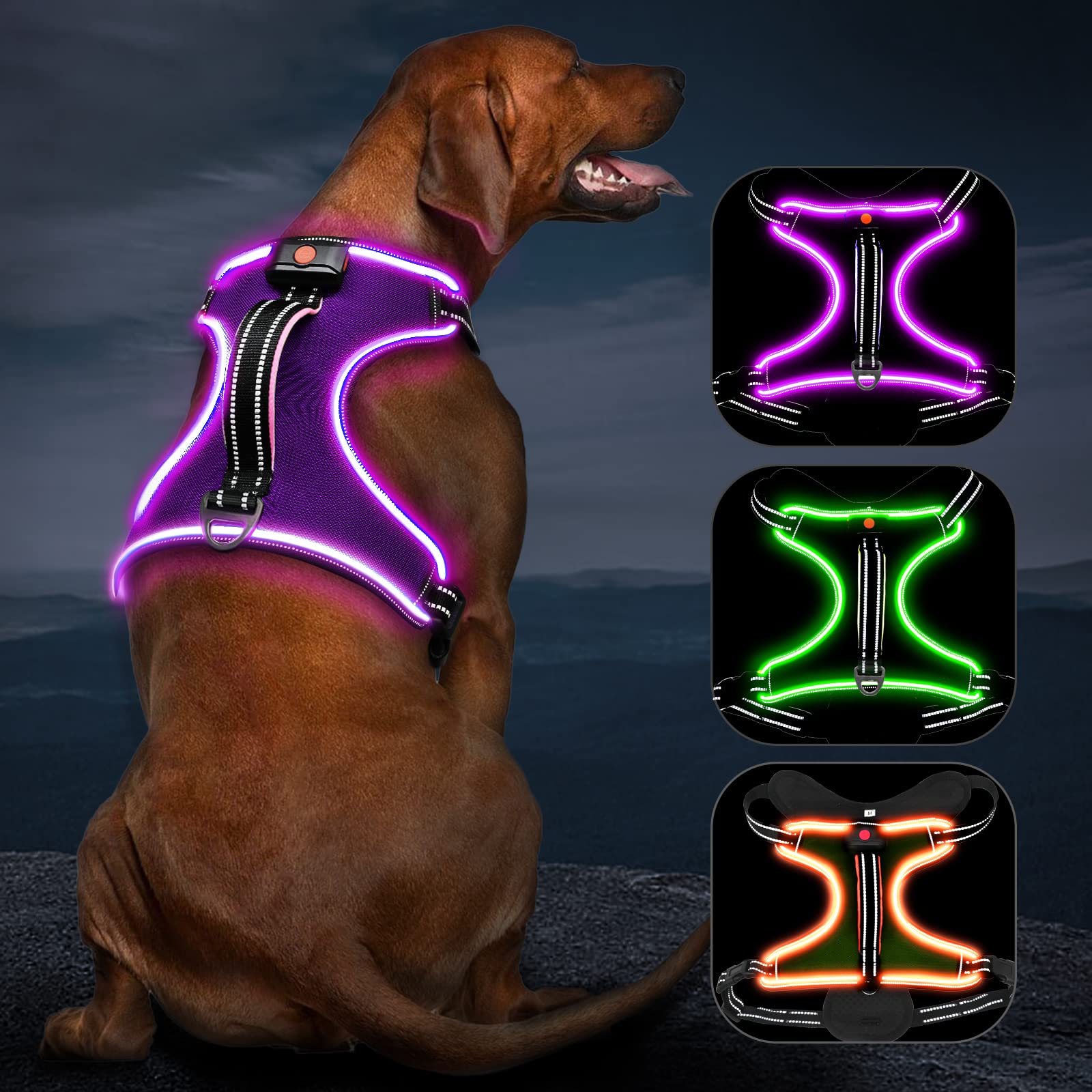 Light Up Dog Harness No Pull Led Dog Harness With Handle Vizbrite Rechargeable Lighted Dog Vest Harness For Small/Medium/Large/X-Large Size Dogs No Pull, 4 Point Adjustable Dog Harness