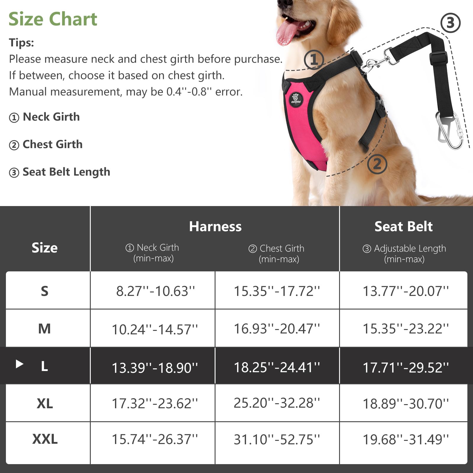 Vavopaw Dog Vehicle Safety Vest Harness, Adjustable Soft Padded Mesh Car Seat Belt Leash Harness With Travel Strap And Carabiner For Most Cars, Large Size, Magenta