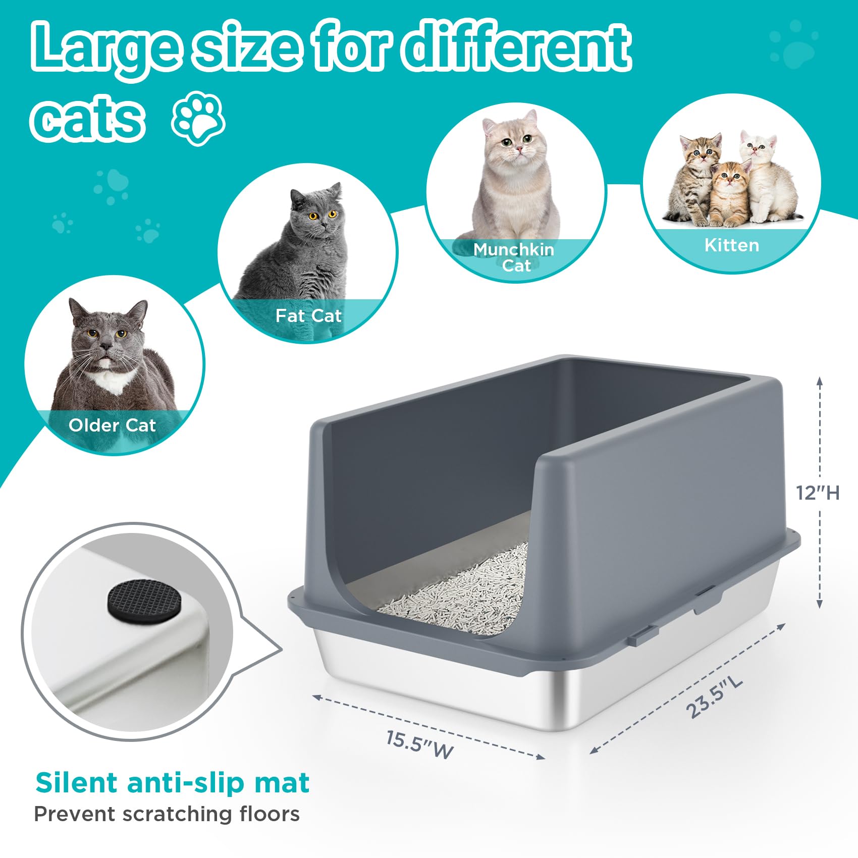 Lihong Stainless Steel Litter Box With Lid, Xl Metal Cat Litter Pan, Non-Sticky Large Kitty Box, Anti-Leakage, 23.5' X 15.6' X