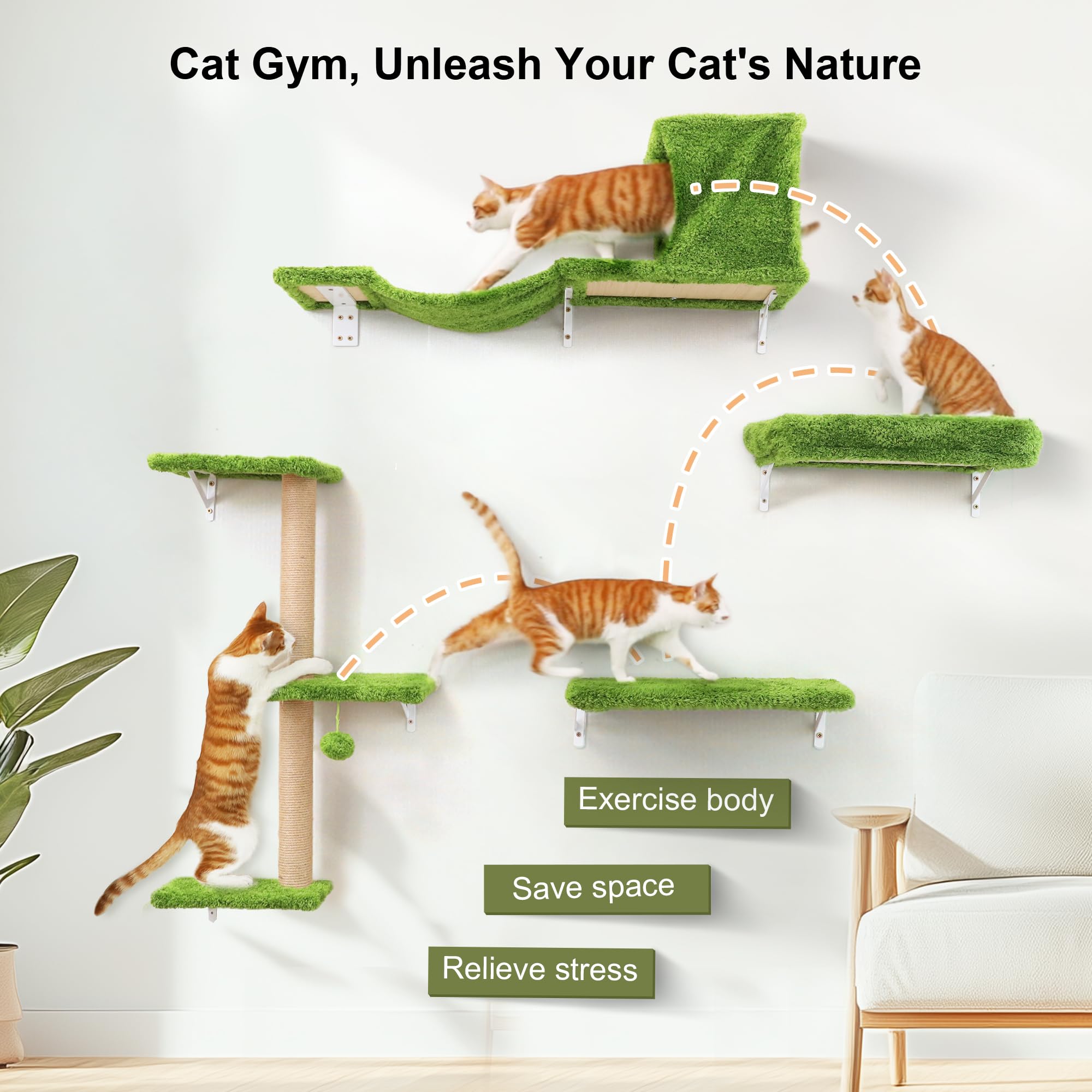 Fukumaru Cat Wall Shelves, Stable & Safe 4 In 1 Cat Furniture Set, Wooden Climbing Wall With Scratching Post, Bridge And Bed, St