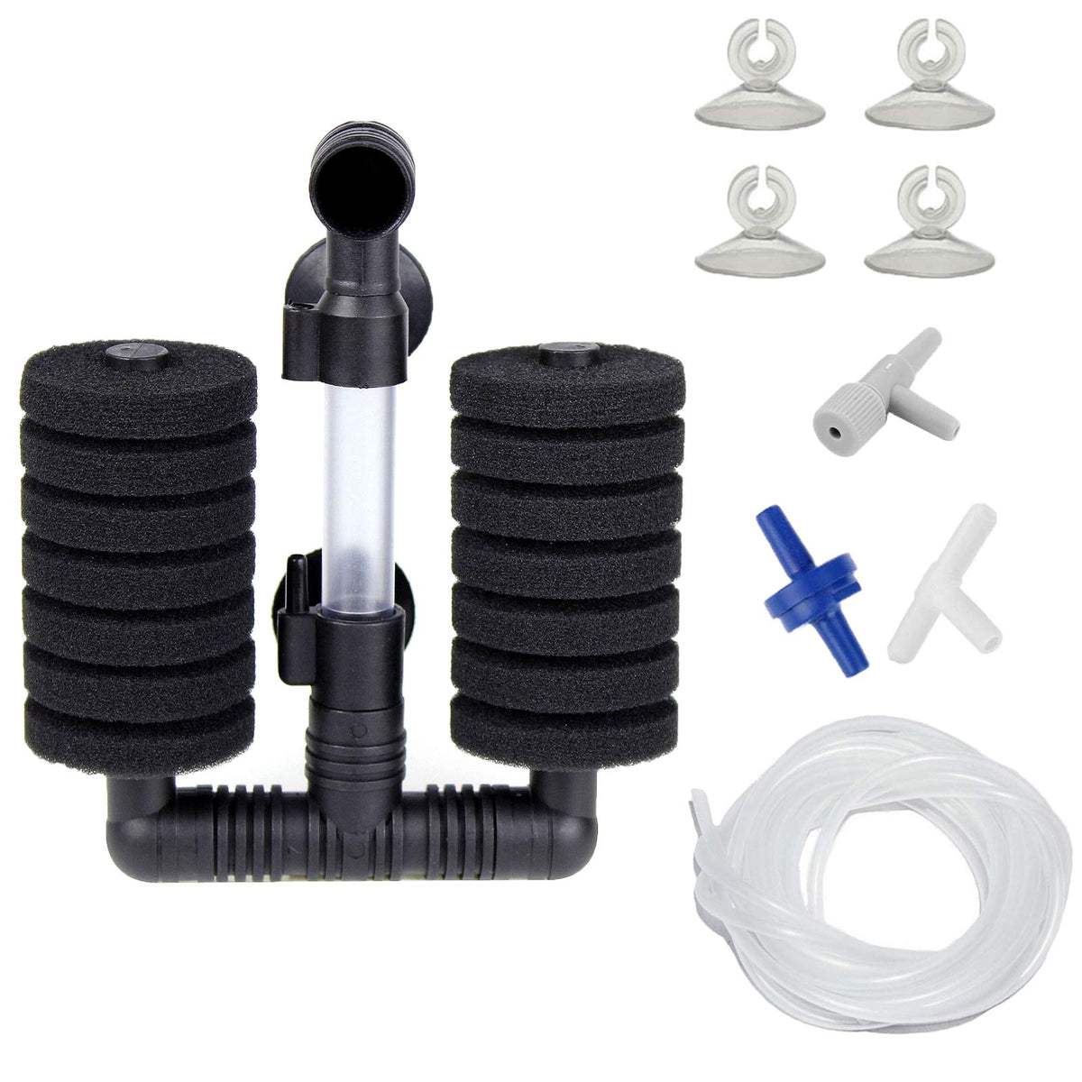 Aquaneat Double Bio Sponge Filter, For Fry, Betta, Shrimp, Nano Aquarium Fish Tank With Airline Tubing, Air Pump Valves, Suction