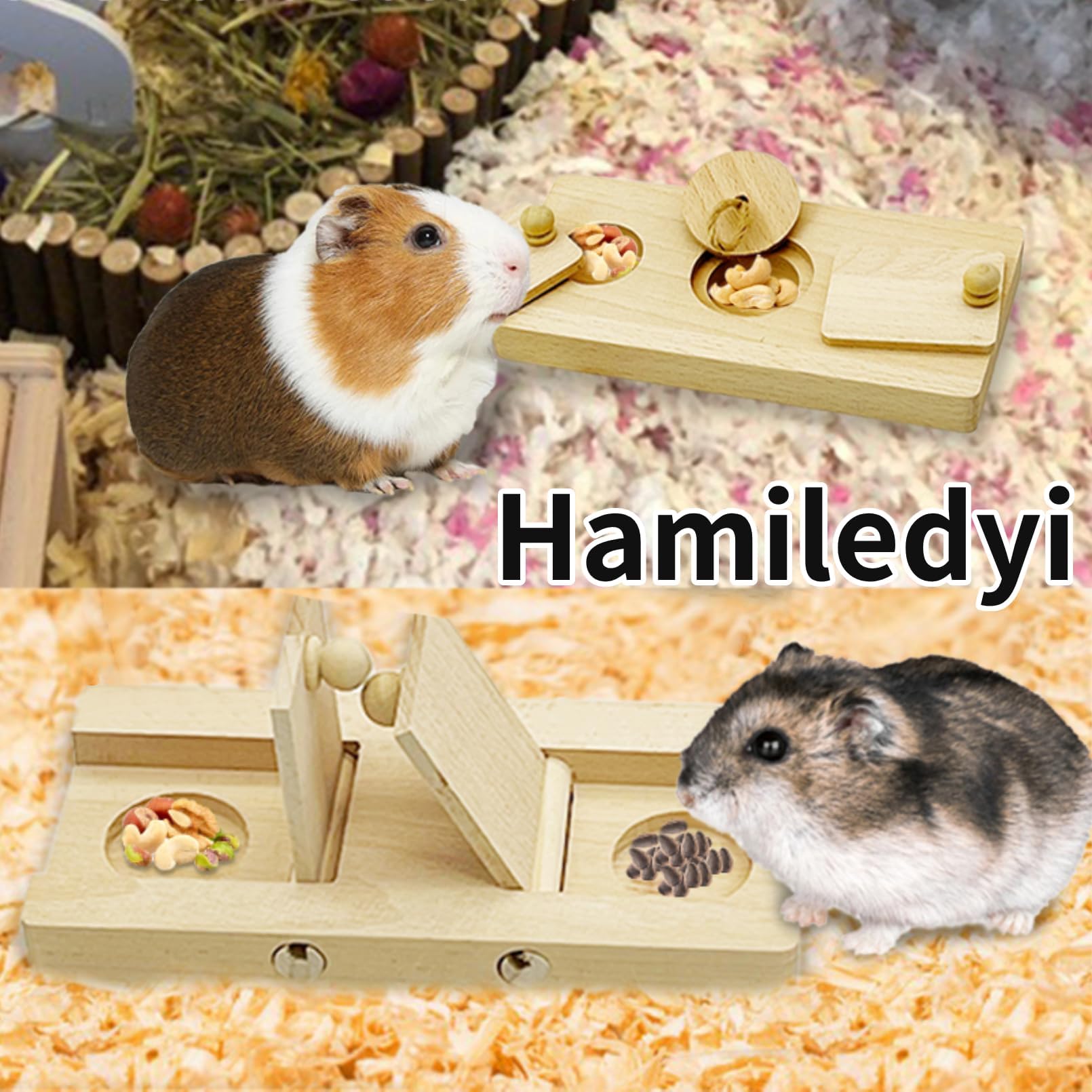 Hamiledyi Guinea Pig Foraging Toys Interactive Wooden Rabbit Toys Sniff n Snack Rabbit Treats Bunny Toys Interactive Hide Treat