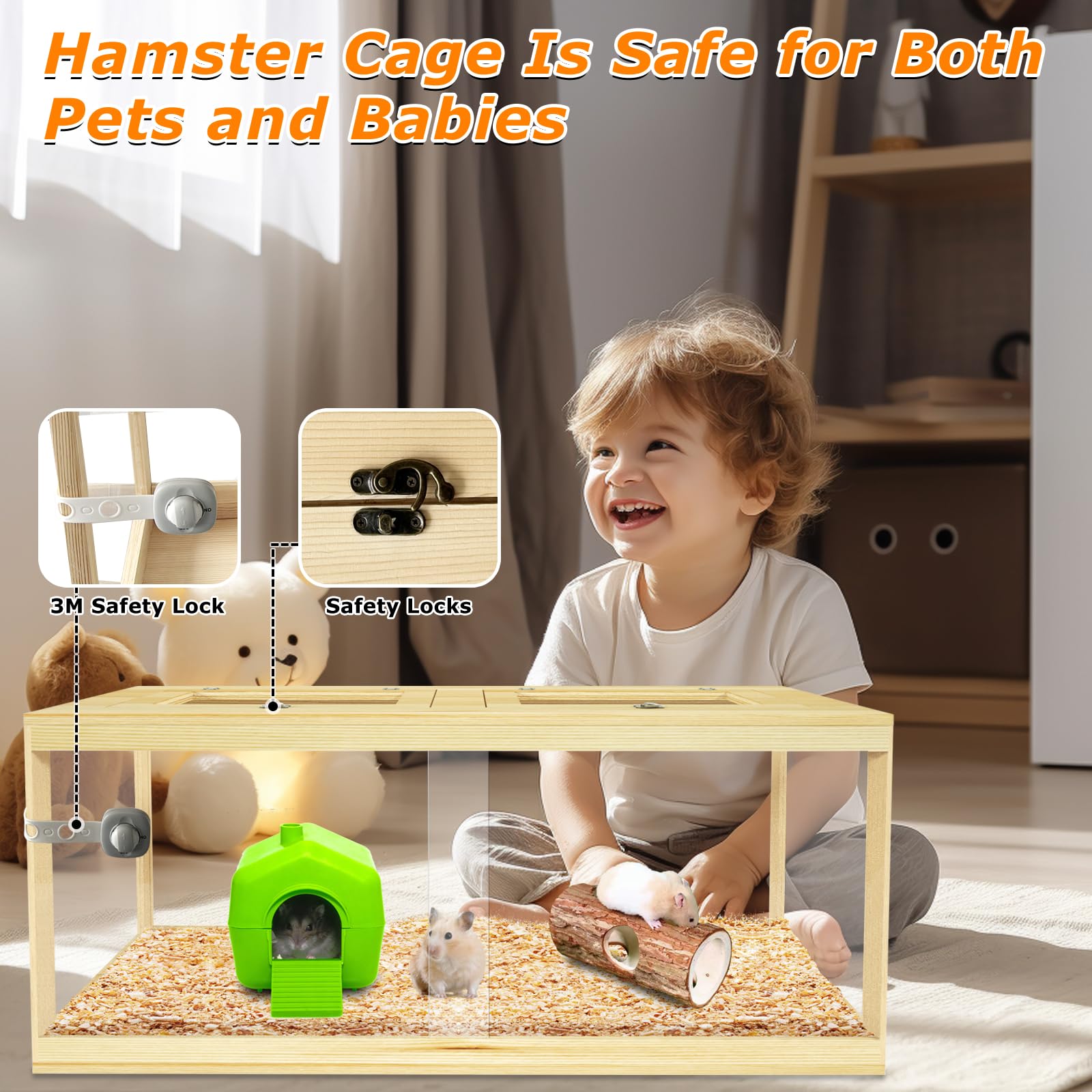 Large Hamster Cage 48'', Front Opening Lockable Sliding Door Gerbil Cage, Dwarf Hamster Cage With Metal Mesh Roof, Chewproof Syr