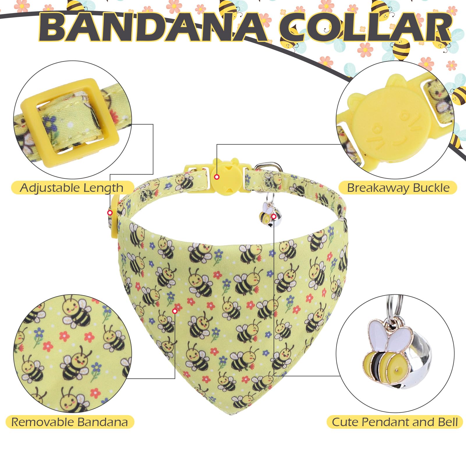 Expawlorer Spring Cat Collar Breakaway With Bells - 2 Pack Cute Flower Pet Collar With Removable Bow Tie And Bandana, Adjustable