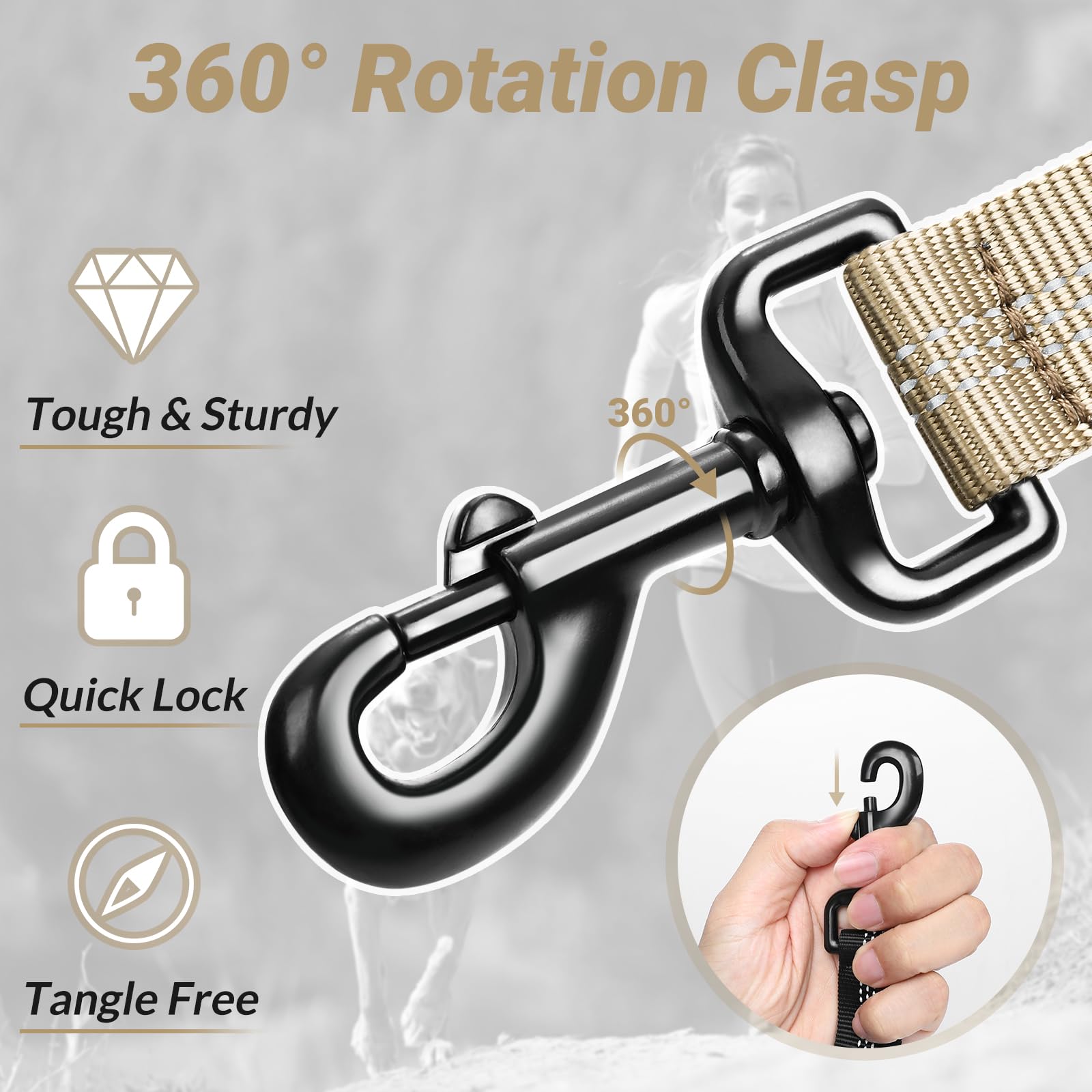 Rabbitgoo Tactical Dog Leash, Bungee Dog Training Leash With Shock Absorption, Brown Military Dog Leash With 2 Padded Control Ha