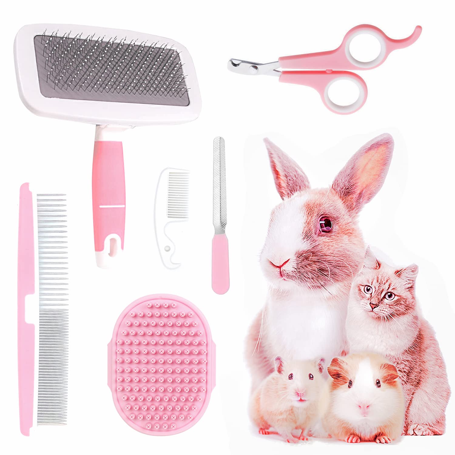 Crafterlife Small Animal Pet Grooming Kit With Pet Shedding Slicker Brush, Bath Massage Glove, Pet Grooming Comb, Nail Clipper T