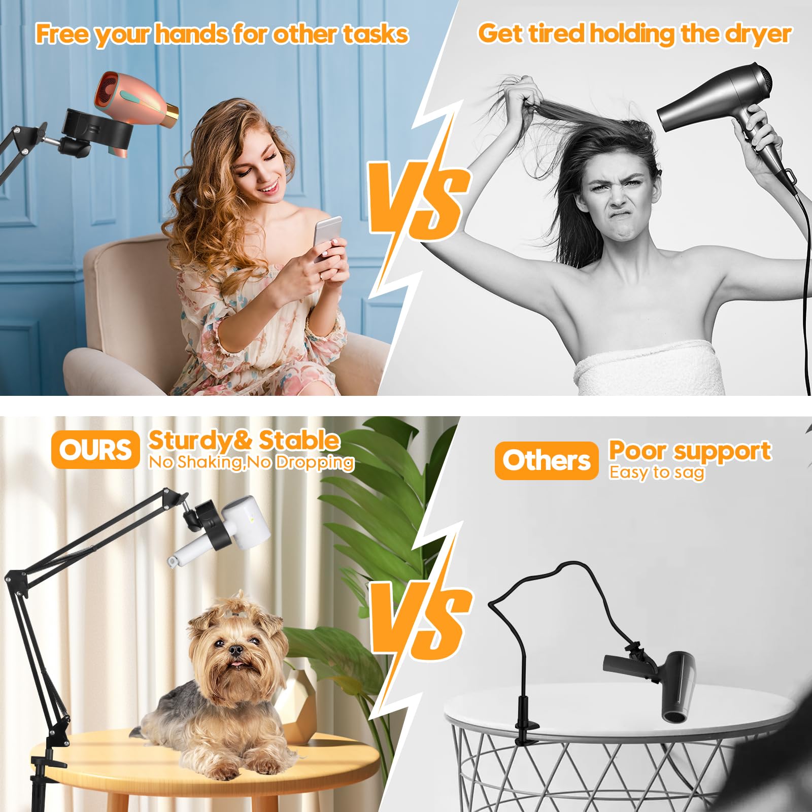 Black Dog Hair Dryer Holder - 360 Rotating Hands-Free Stand With Adjustable Clamp For Blow Dryers,3-In-1 Holder For Pet Hair Dry