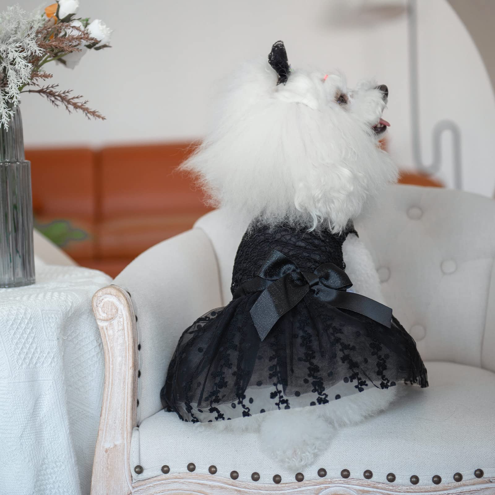 Cutebone Luxury Black Dog Dress Outfit Puppy Skirt Shining Embroiderd Tutu With Bowknot Pet Clothes Girl For Wedding Birthday Party Cat Apparel Dd15S