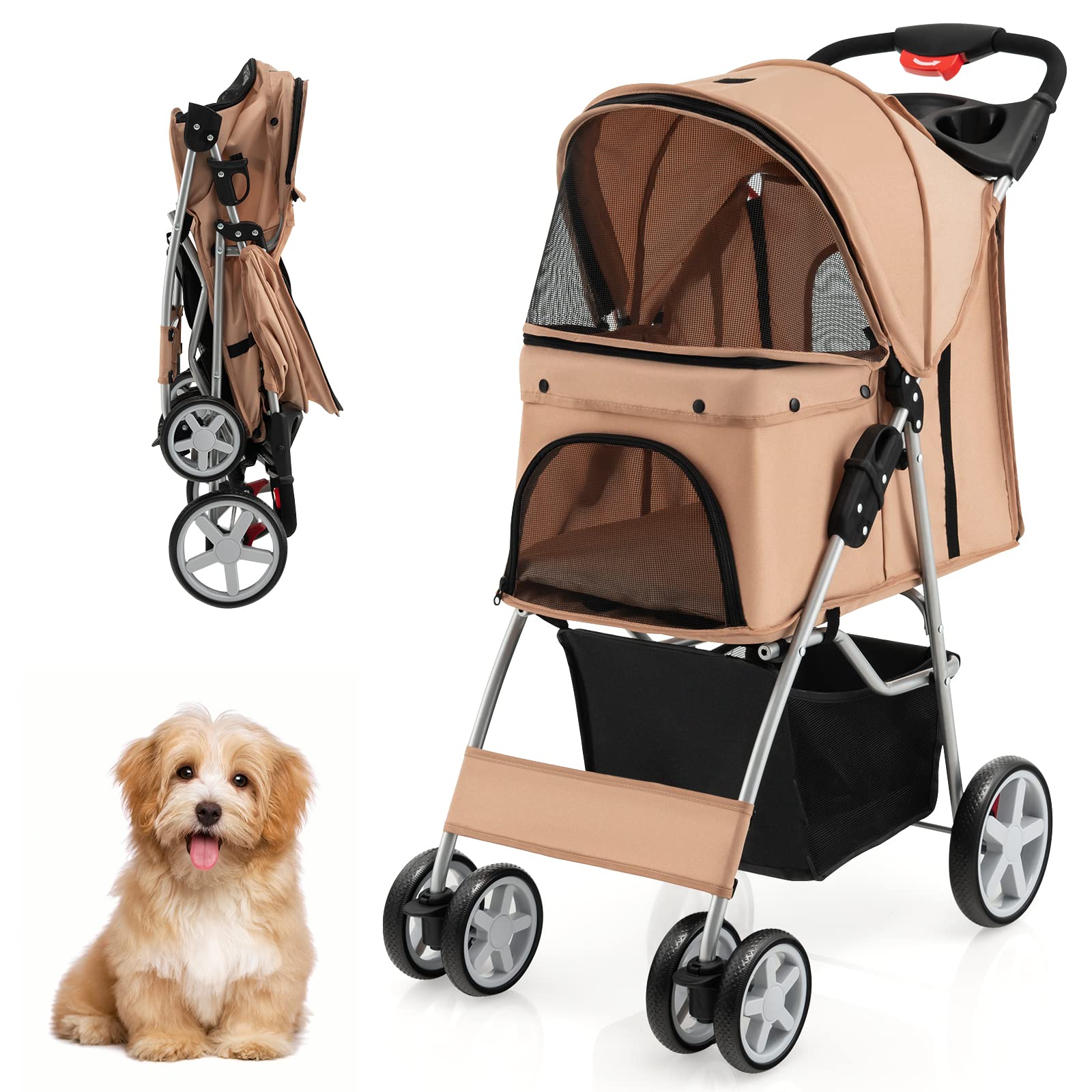 S Afstar 4 Wheels Pet Stroller, Folding Cat Dog Stroller W/Storage Basket & Tray, Adjustable Canopy, All-Terrain Eva Wheels, Fol