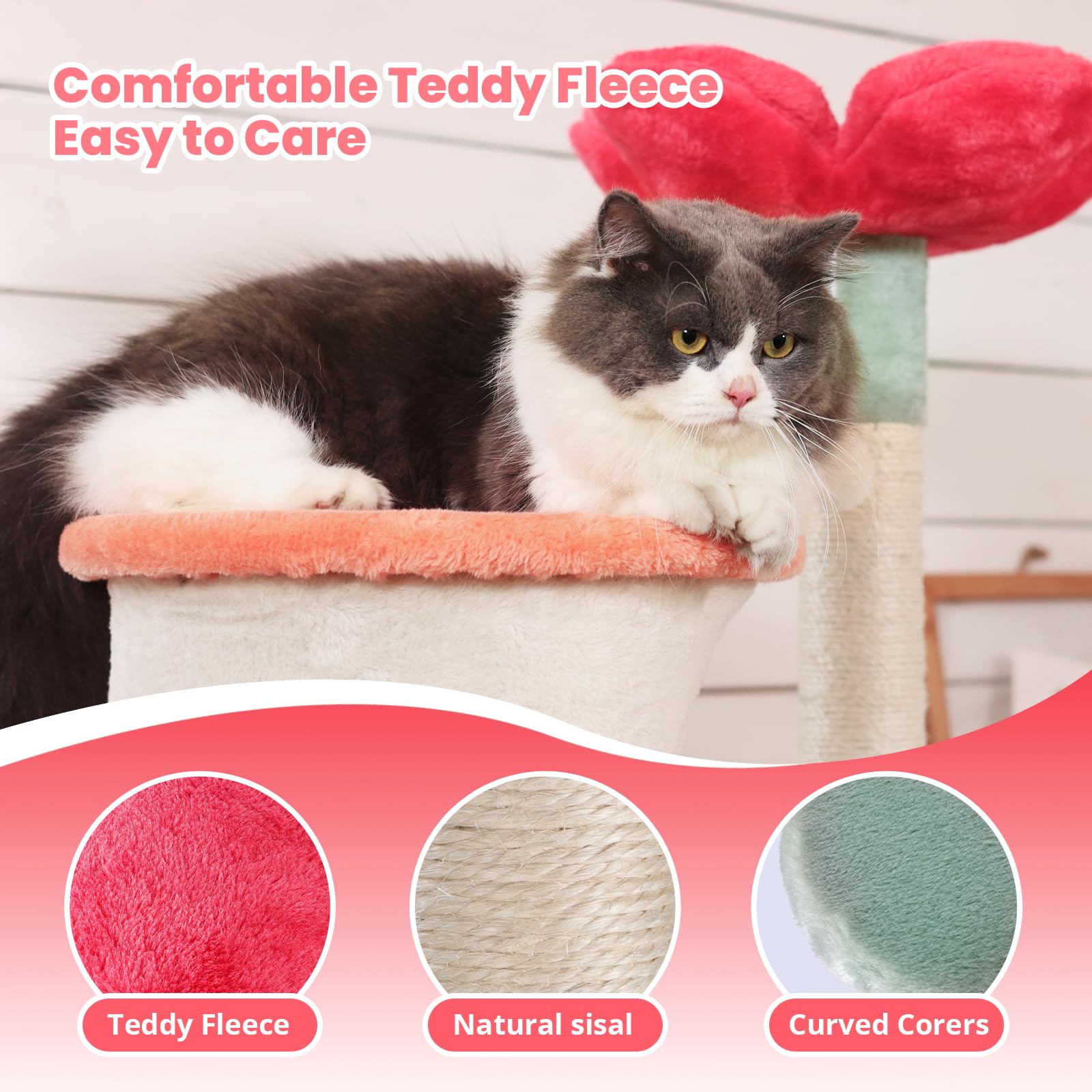 HYABI Cat Tree - 56.3in Multi-Level Flower Design, Foldable Beige Tower with Scratching Posts & Plush Condo for Large Cats - Model YS-22019