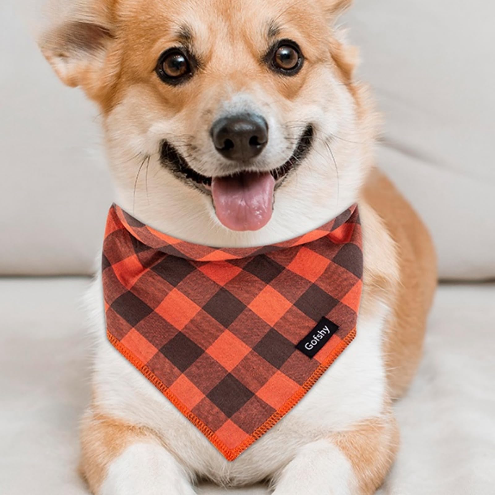 Gofshy Dog Bandana Fall Large-Orange Brown Dog Scarf Buffalo Plaid Printing Adjustable Bib Handkerchief Accessories for Medium L