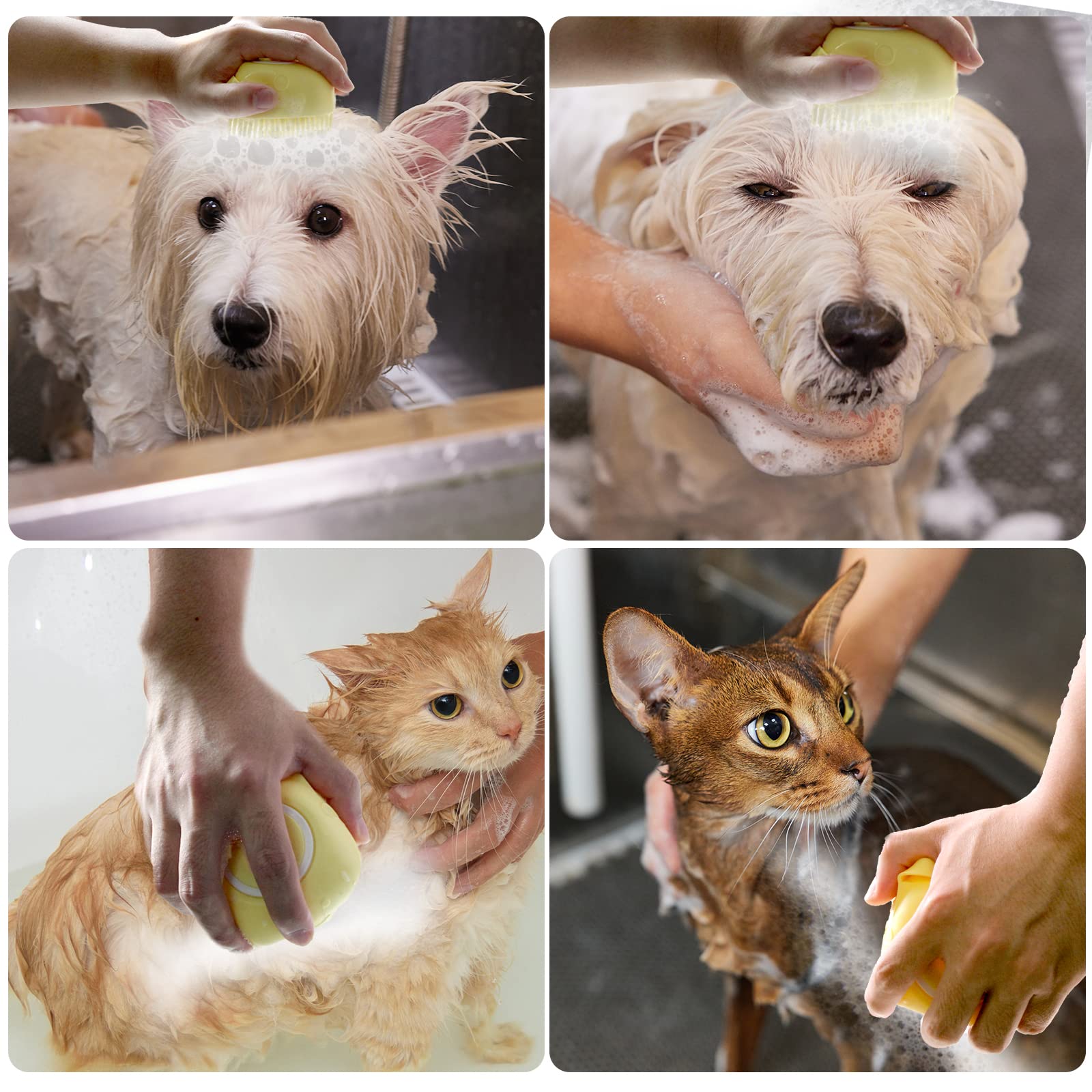 Woleigiao Dog Bath Brush, Pet Massage Brush Shampoo Dispenser, Soft Silicone Brush Rubber Bristle For Dogs And Cats Shower Grooming (Yellow)