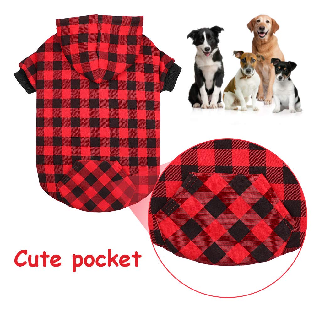 Red Plaid Dog Hoodie Sweater For Dogs Pet Clothes With Hat And Pocket（M）
