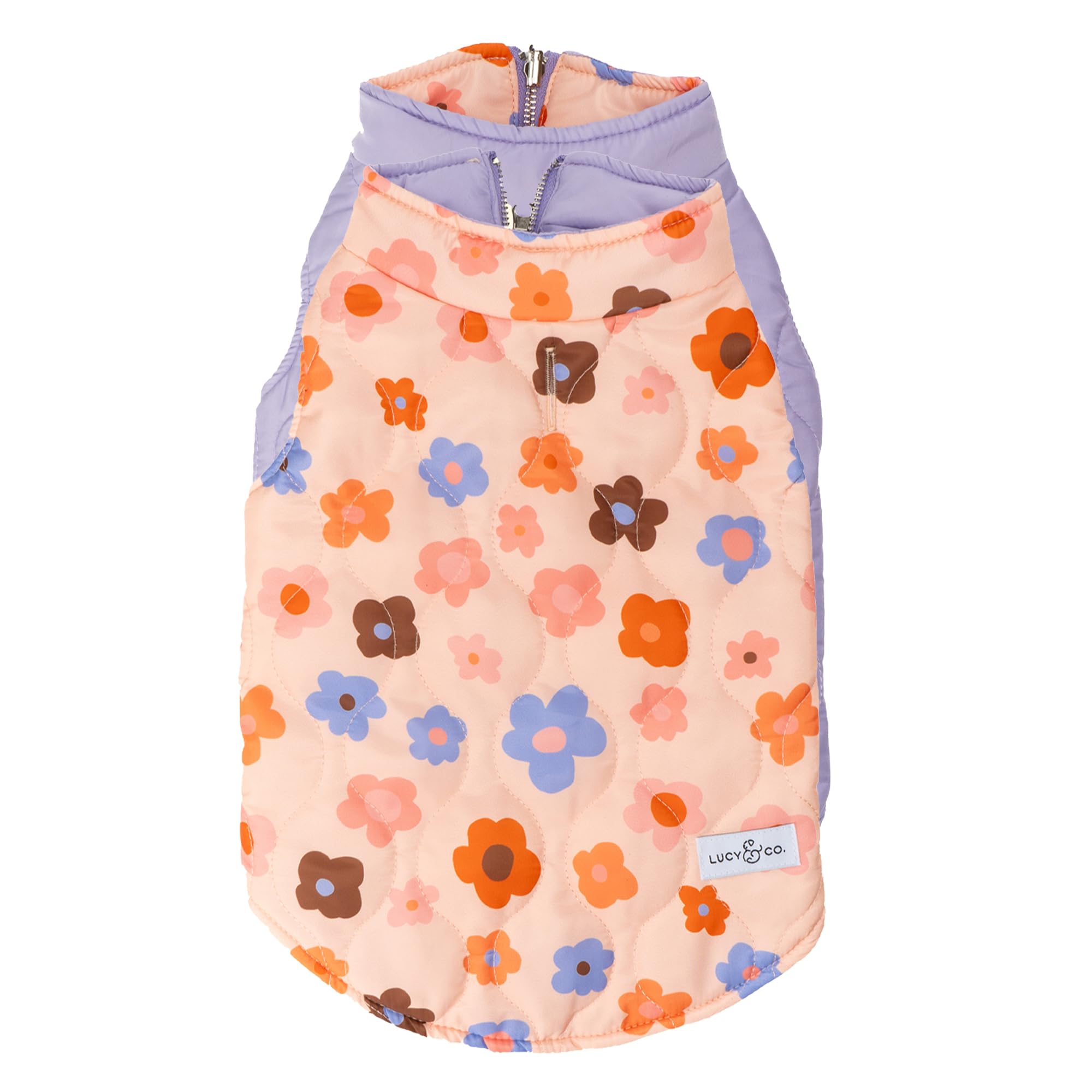 Lucy & Co. The Let'S Groove Reversible Puffer Vest (Pets) For Small Dogs, Medium Dogs And Large Dogs - Large - Purple & Coral Fl