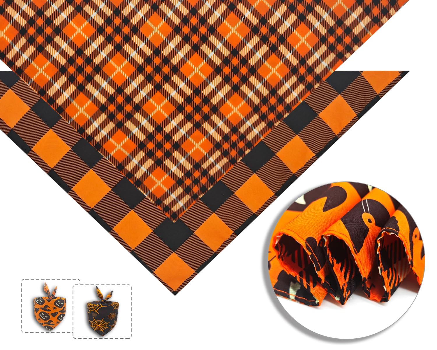 2Pcs Fall Dog Bandanas,Halloween Dog Bandanas,One Side Orange Plaid,The Other Side Pumpkin Or Spider Web Bibs,Holiday Pet Scarf