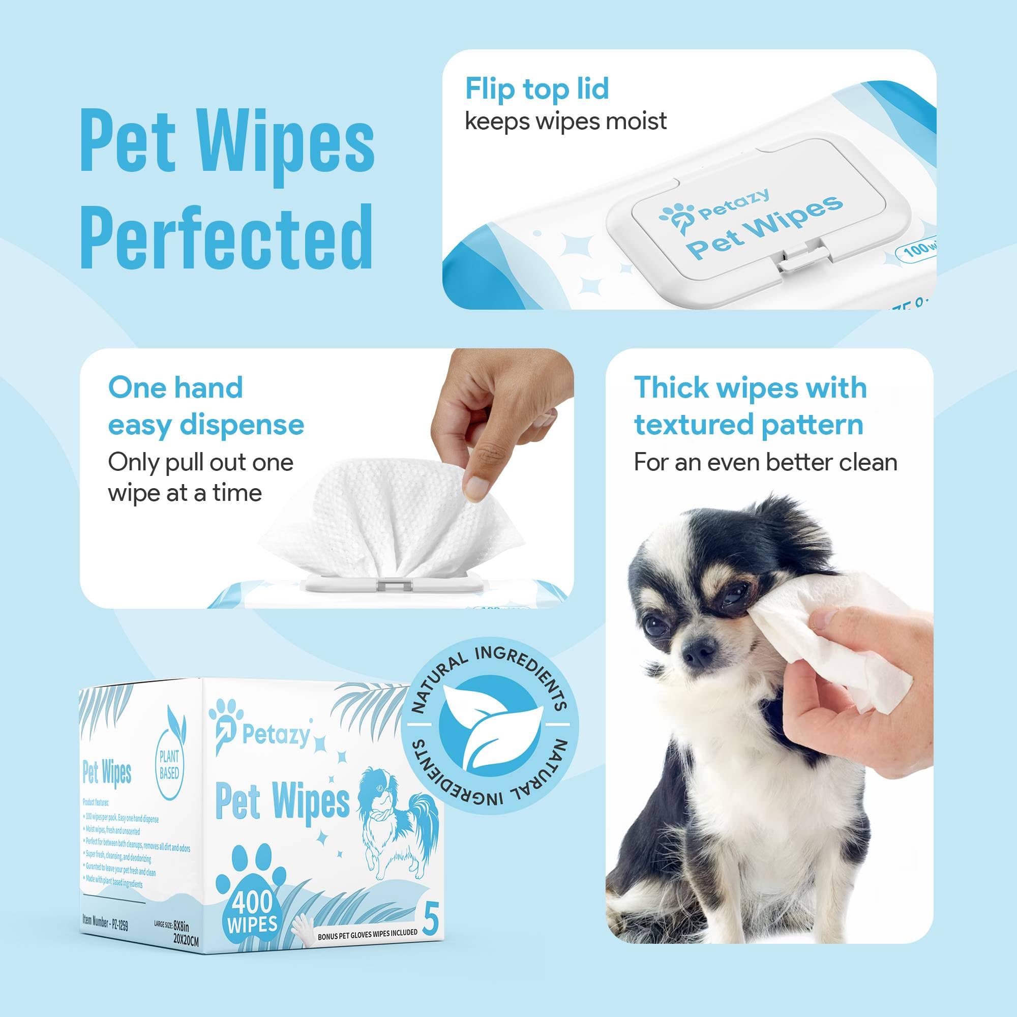 Petazy 400 Dog Wipes For Paws And Butt Ears Eyes | Organic Pet Wipes For Dogs | Unscented Dog Wipes Cleaning Deodorizing | Extra