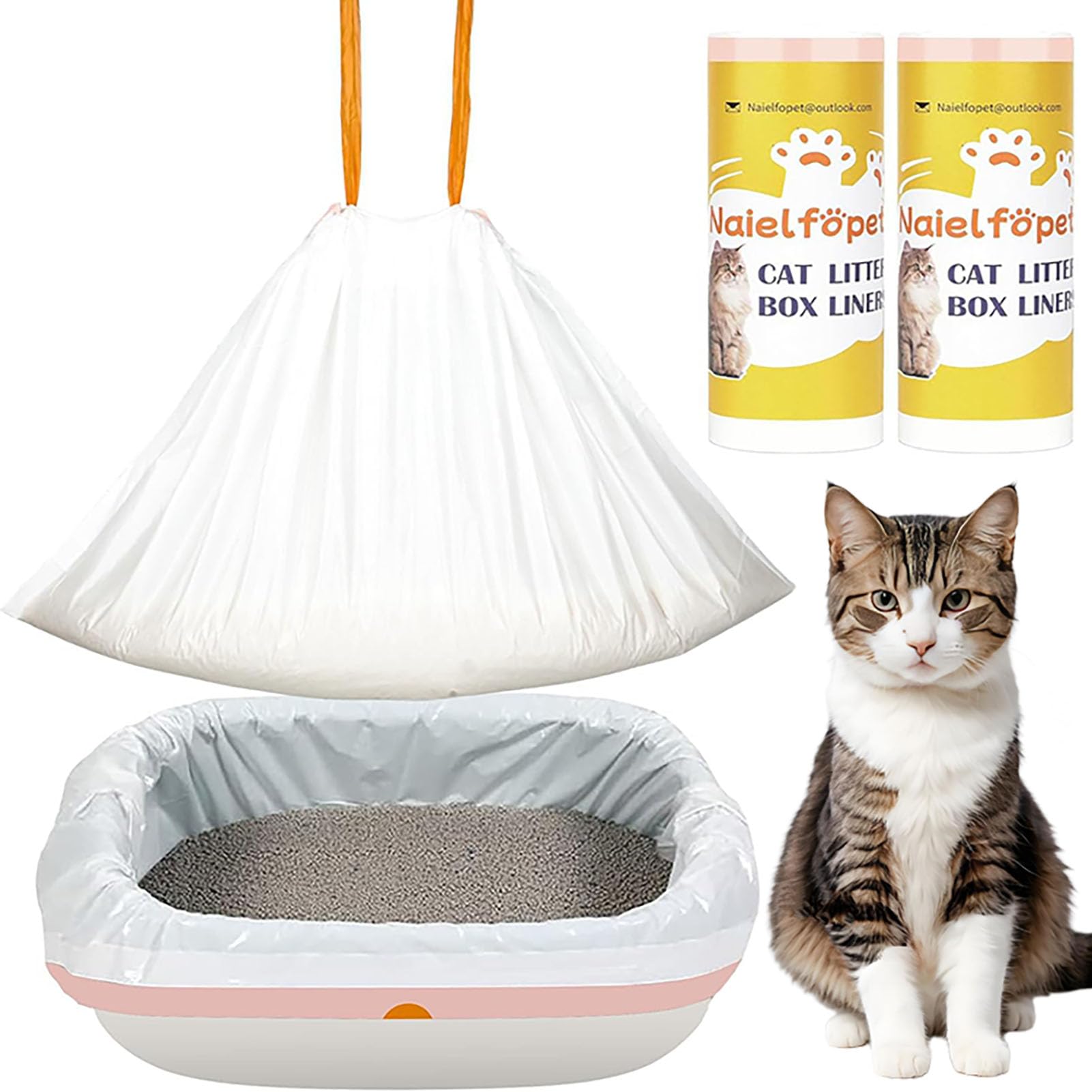 Naielfopet 20 Count 46'' X 19'' Jumbo Thicken Cat Waste Bags With Drawstring, Heavy Duty Cat Litter Trash Bags For Top-Open Kitt