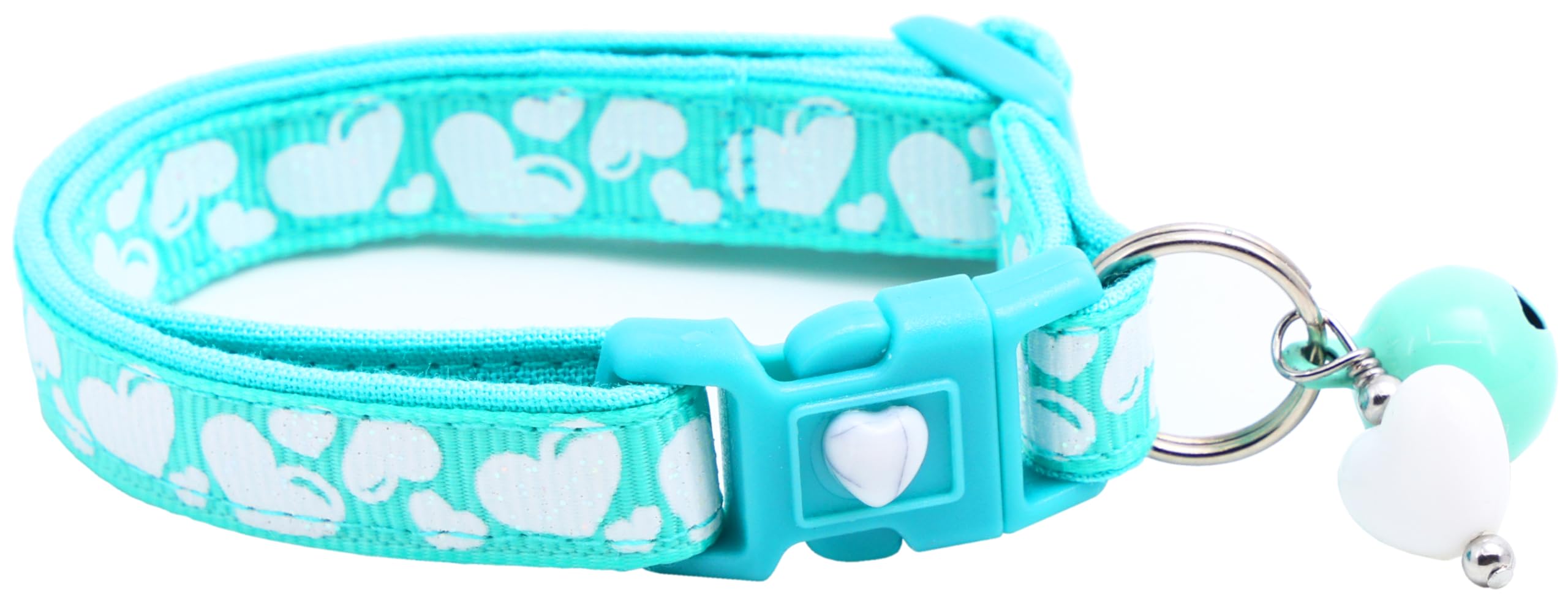 Valentines Day Cat Collar With Bell | Safety Breakaway Collar | Adjustable Large Size Or Kitten Collar (Puffy Hearts On Dark Aqu