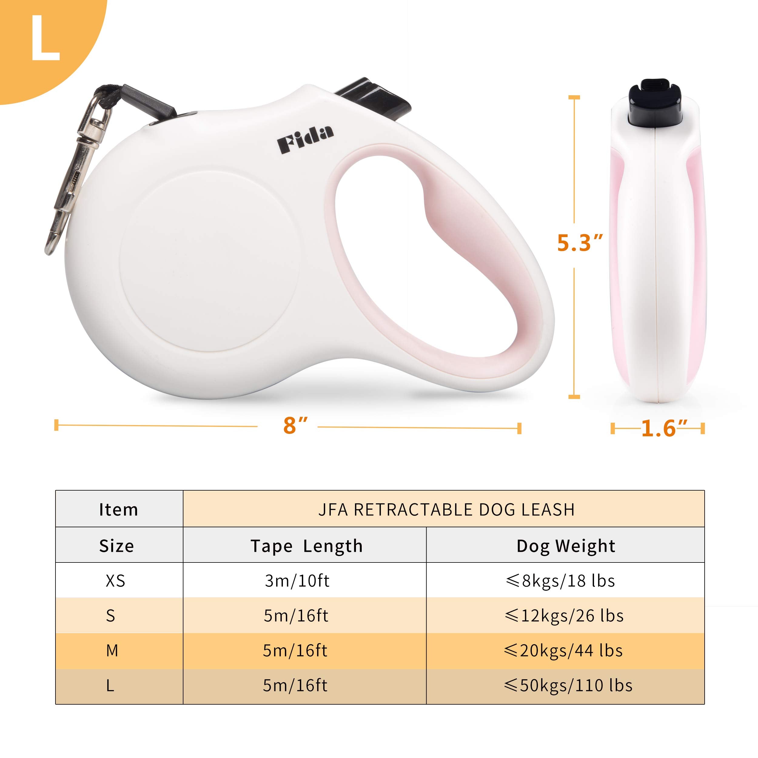 Fida Heavy Duty Retractable Dog Leash for Large Dogs, 16 ft, Tangle Free, White, Supports up to 110 lbs