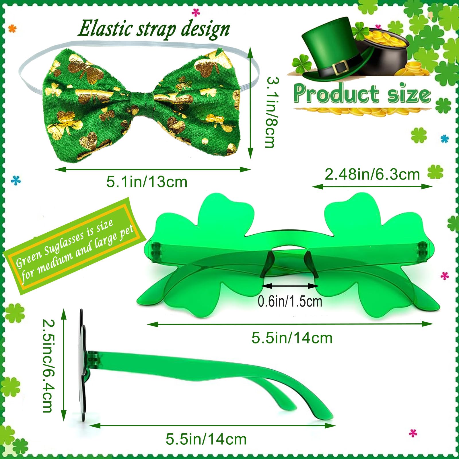St Patrick'S Day Dog Costume 3 Pcs Irish Leprechaun Green Tall Hat Pet Shamrock Sunglasses Bow Tie Kit For Large Dogs Saint Patr