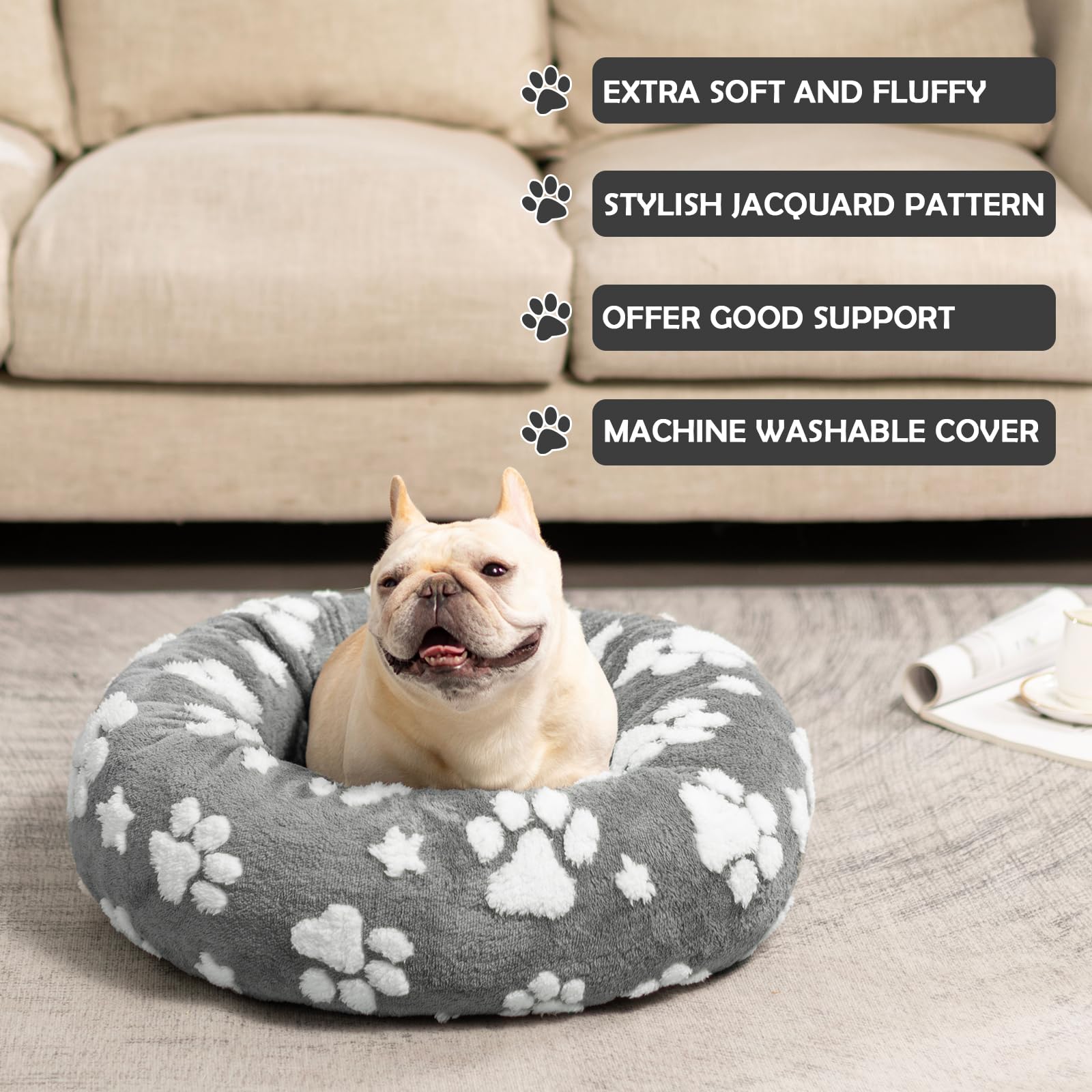 Yaning Donut Dog Beds For Small Dogs, Calming Round Cat Beds For Indoor Cats, Cute 3D Textured Paw Pet Bed With Removable Washab