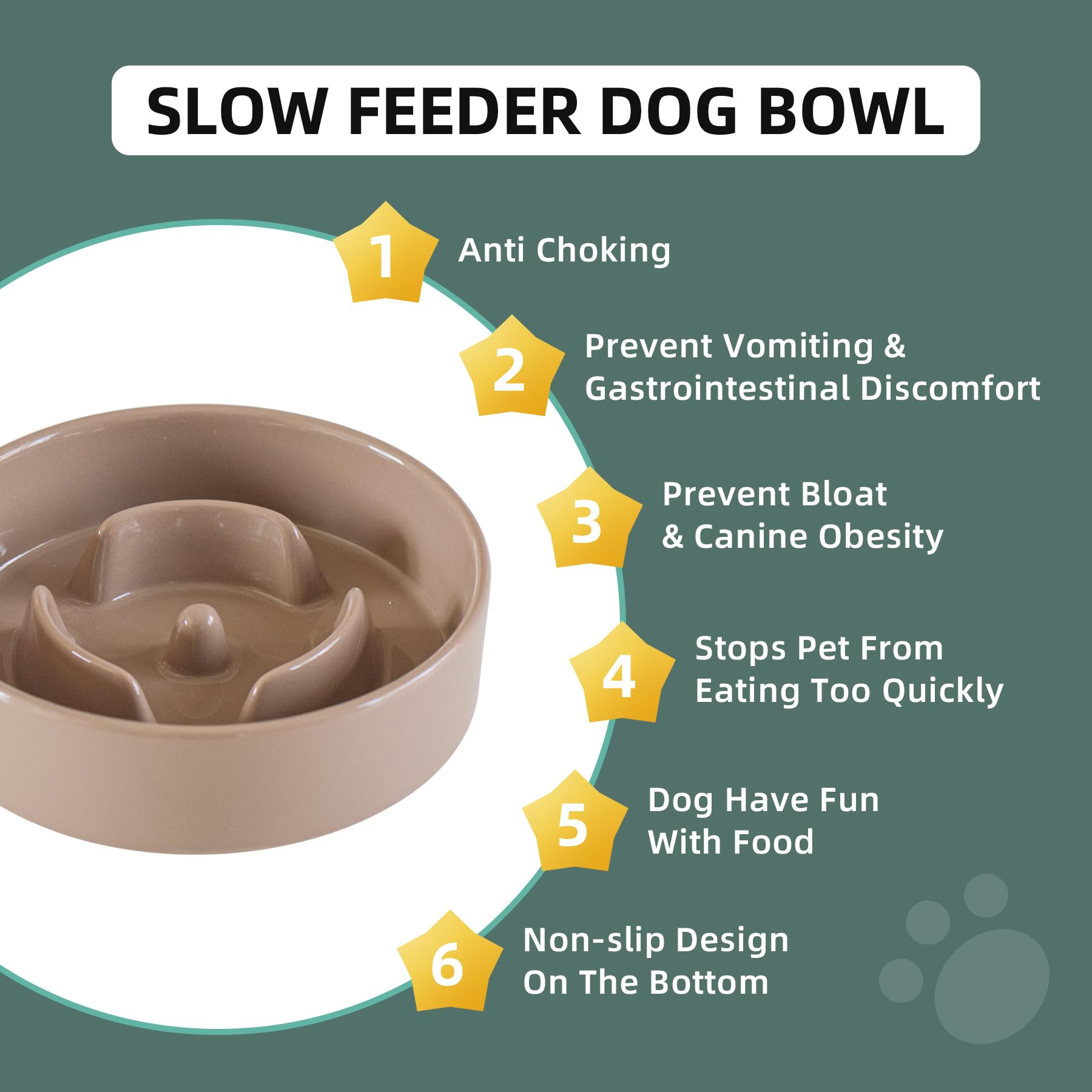 Havniva 6.1Inch Dog Bowl Slow Feeder Ceramic For Small Dog, Pet Slow Feeder, Stop Bloat, Preventing Choking(Single Bowl-Brown Co