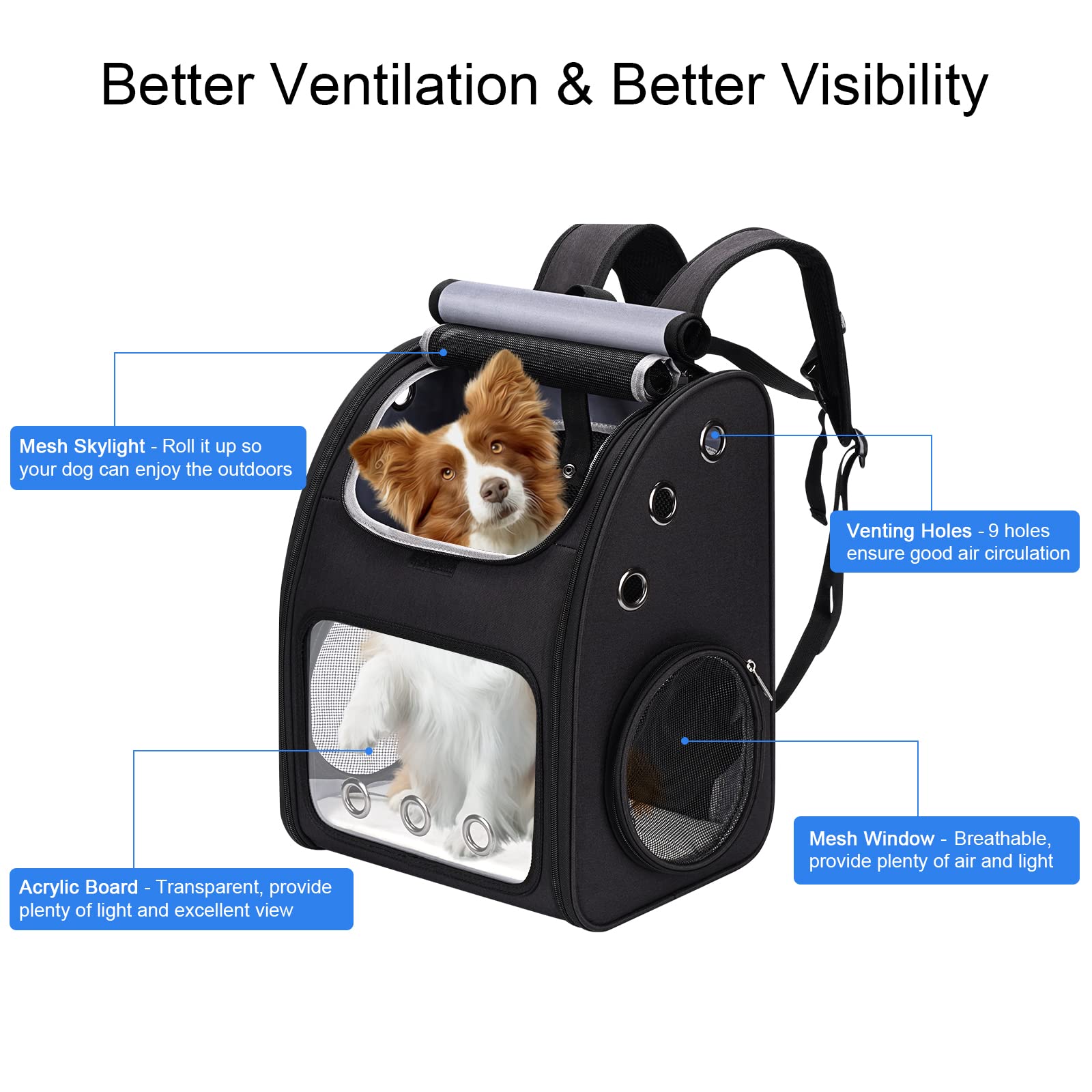 COVONO Cat Carrier Backpack, Expandable, Airline Approved, L (13.4"L x 10.2"W x 16.5"H), Black, Model EPC002-BLACK