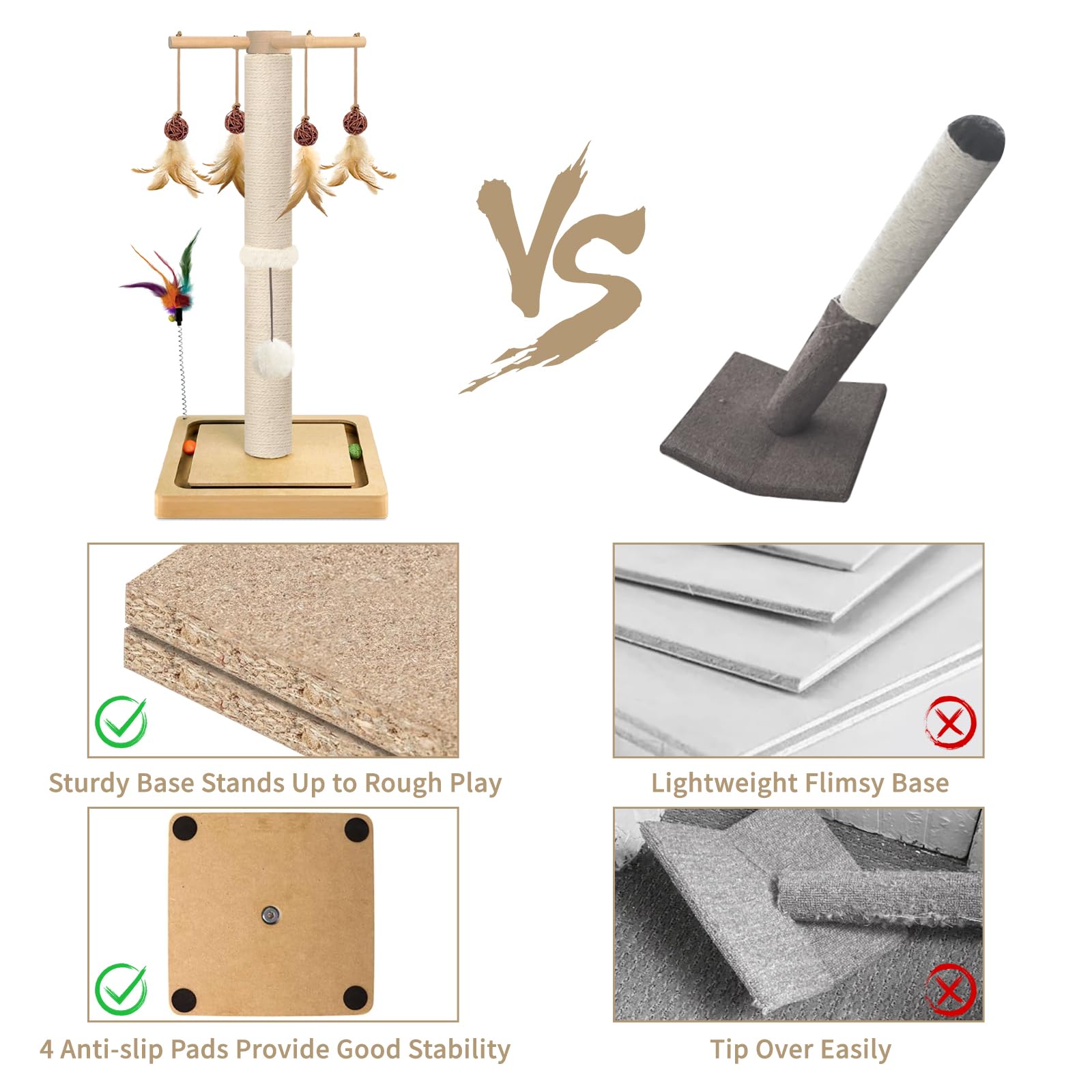 Cat Scratching Post, Sisal, Scratcher Tree Tower For Indoor Cats Adults With Hanging And Ball Track, 2 Mounting Methods Interact