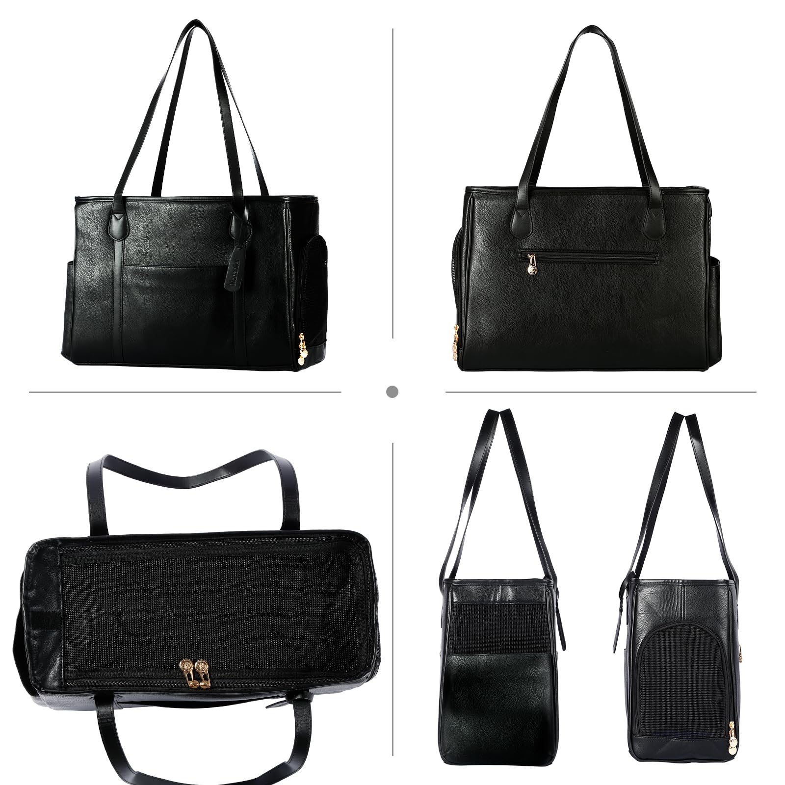 Monanller Stylish Dog Purse Carrier, Leather Pet Carrier Bag For Small Dogs Cats Puppy, Airline Approved Soft-Sided Carrier Blac