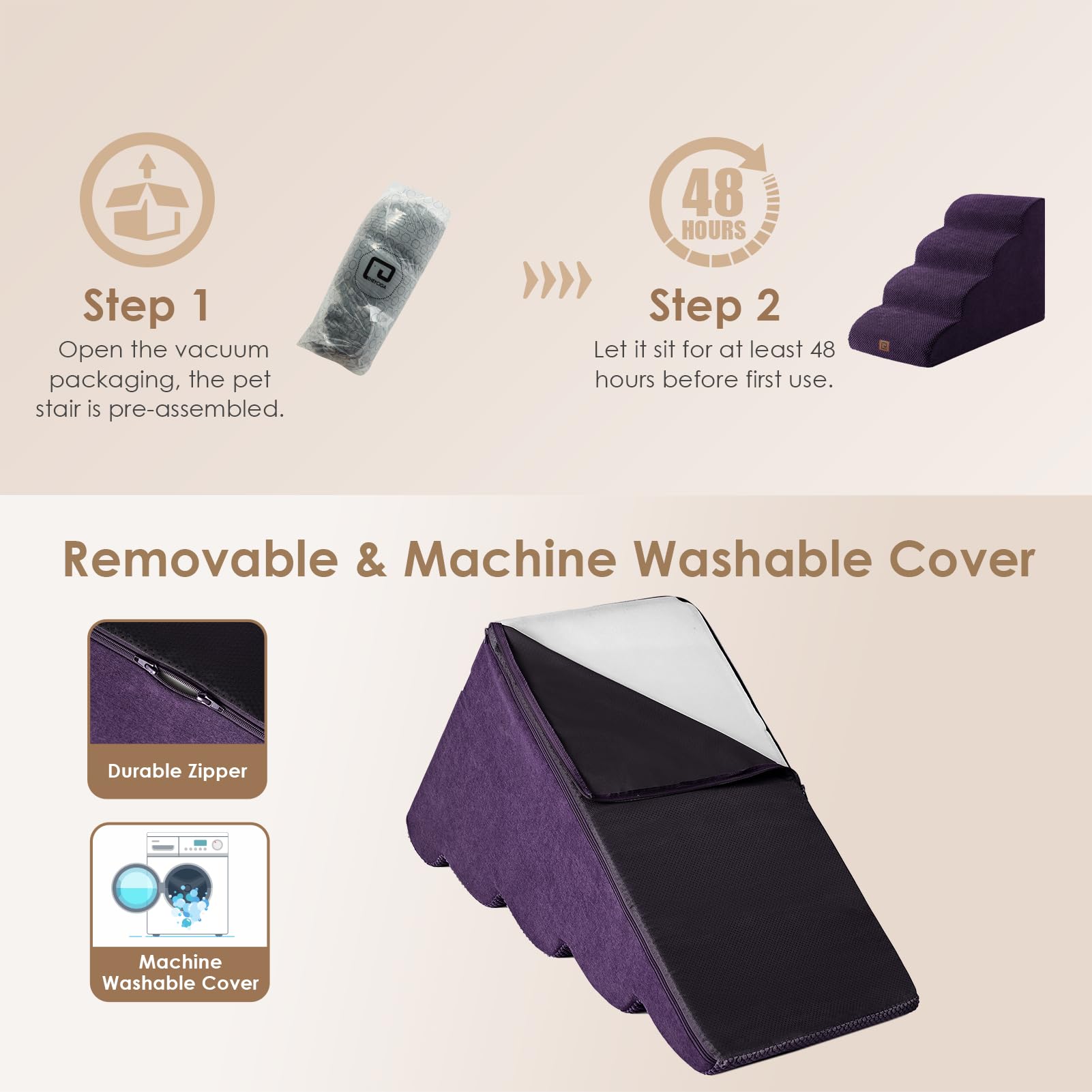 EHEYCIGA Curved Dog Stairs Ramp - 4-Step Pet Steps for High Beds, Non-Slip, Purple, 19.7" H, Model ECUS24PPT10FB