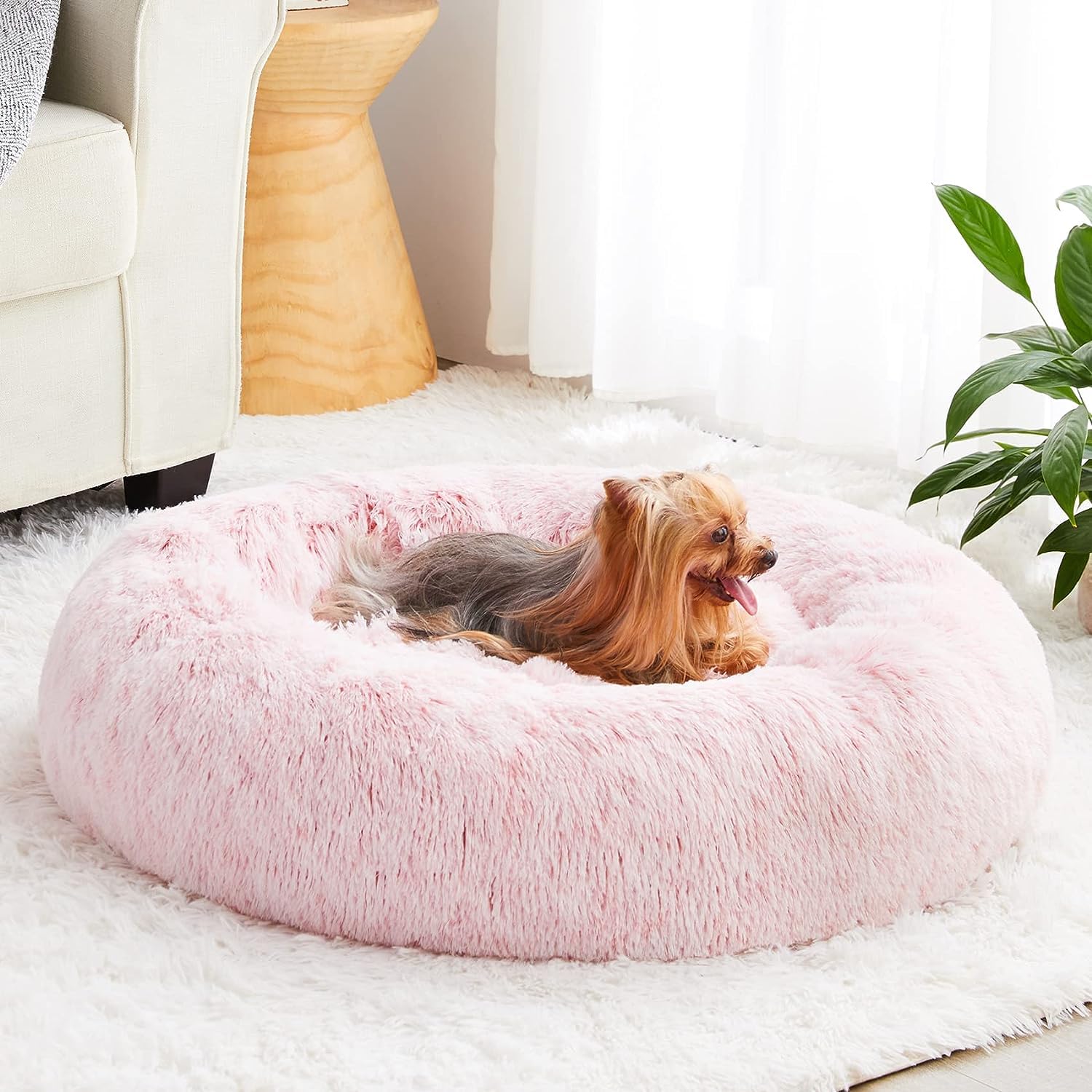 Wnpethome Calming Dog Bed For Large Dogs, Anti-Anxiety Donut Pet Bed, Fluffy Faux Fur Plush Pet Beds,Warming Cozy Soft Round Lag
