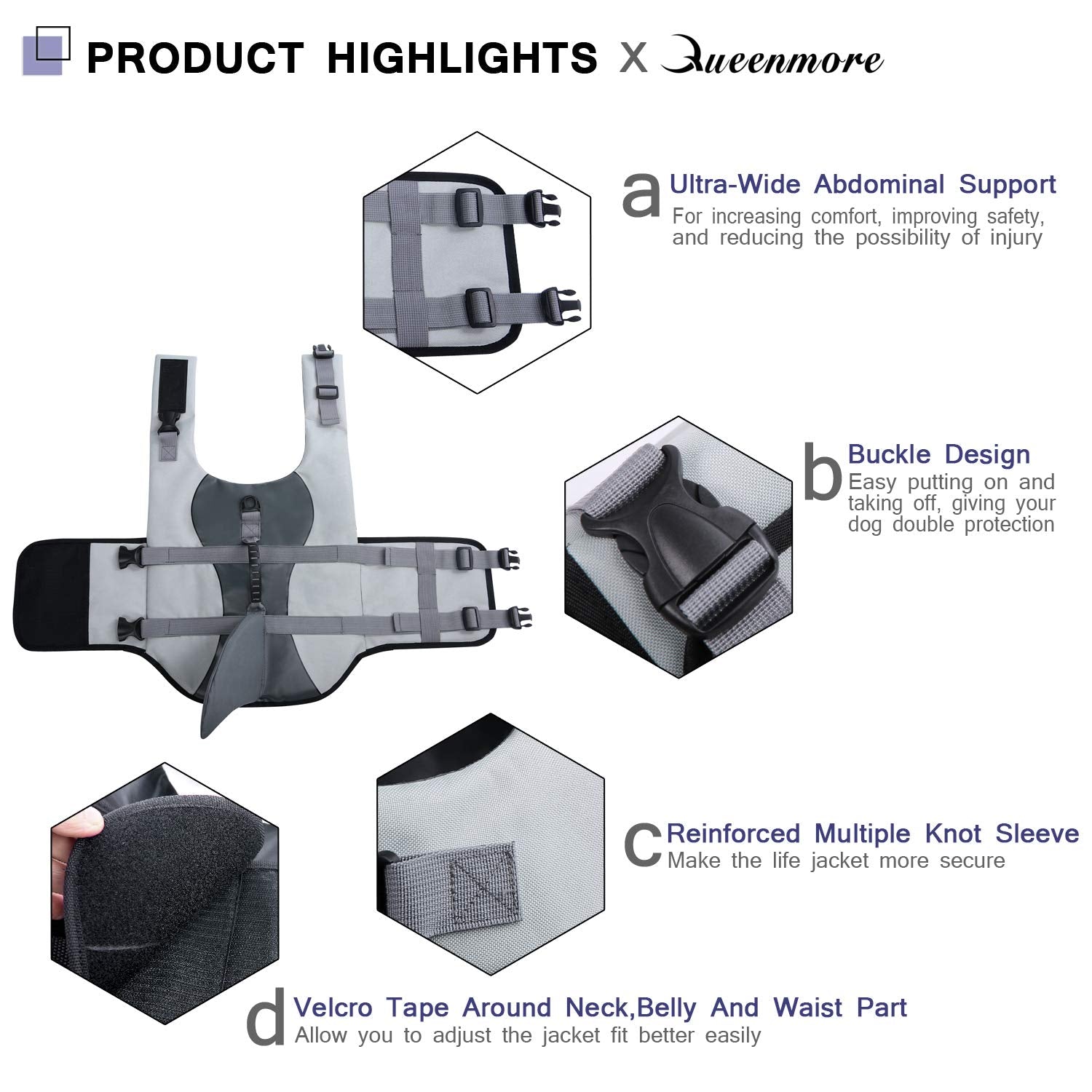 Queenmore Dog Life Jacket Ripstop Shark Dog Safety Vest Adjustable Preserver With High Buoyancy And Durable Rescue Handle For Small,Medium,Large Dogs, Grey Shark X-Small