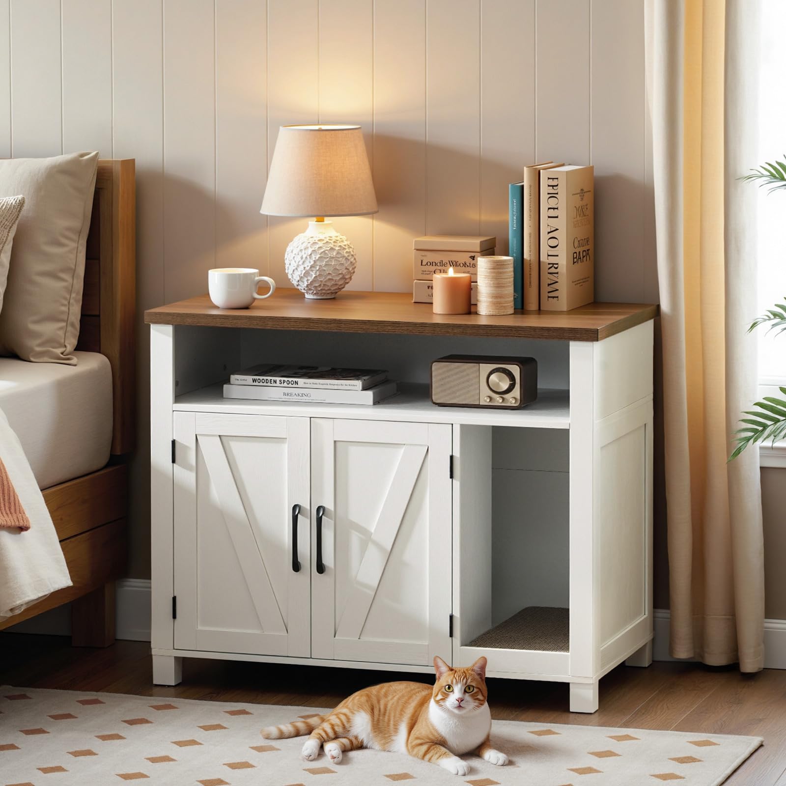 HOOBRO Cat Litter Box Enclosure, White & Walnut, 31.5"L x 17.7"W x 27.6"H, Engineered Wood, Model WH24MW01