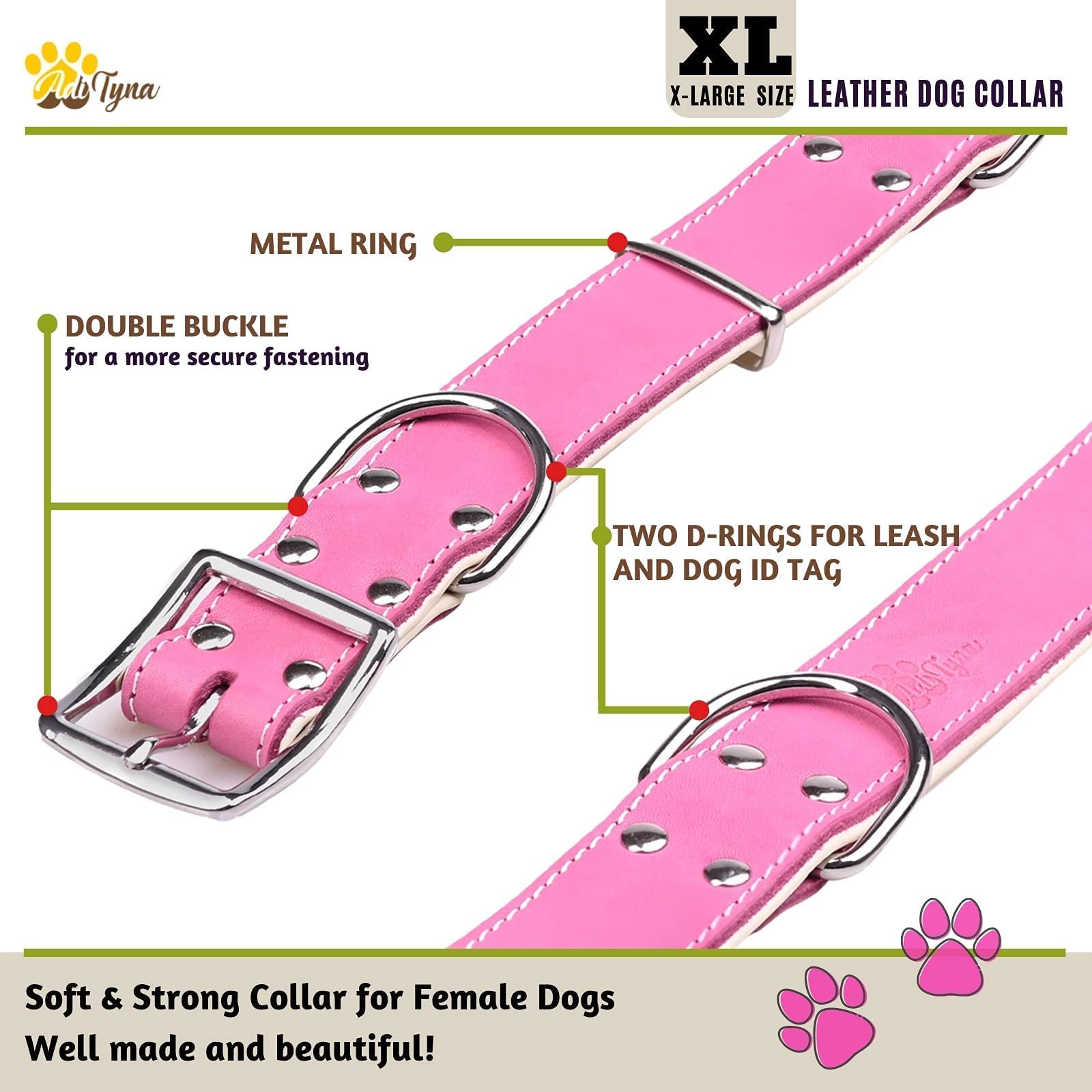 Adityna Heavy Duty Real Leather Dog Collar For Extra Large Dogs - Pink Xl Collar - Soft And Strong Thick Dog Collar With Double Metal Buckle