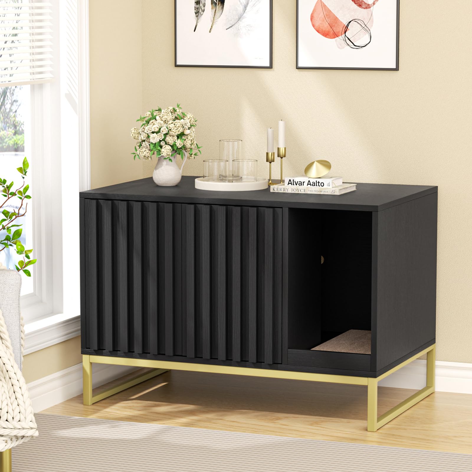 Halitaa Litter Box Enclosure, Modern Cat Litter Box Furniture Hidden Litter Box With Scratch Pad, Cat Washroom House End Table,