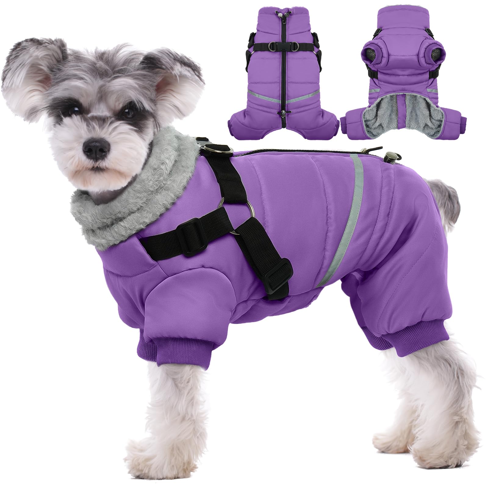 BRKURLEG Purple Dog Coat, Dog Winter Jacket with Harness, Dog Onesie Body Warm Jackets, Pet Windproof Warm Cold Weather Coats, R