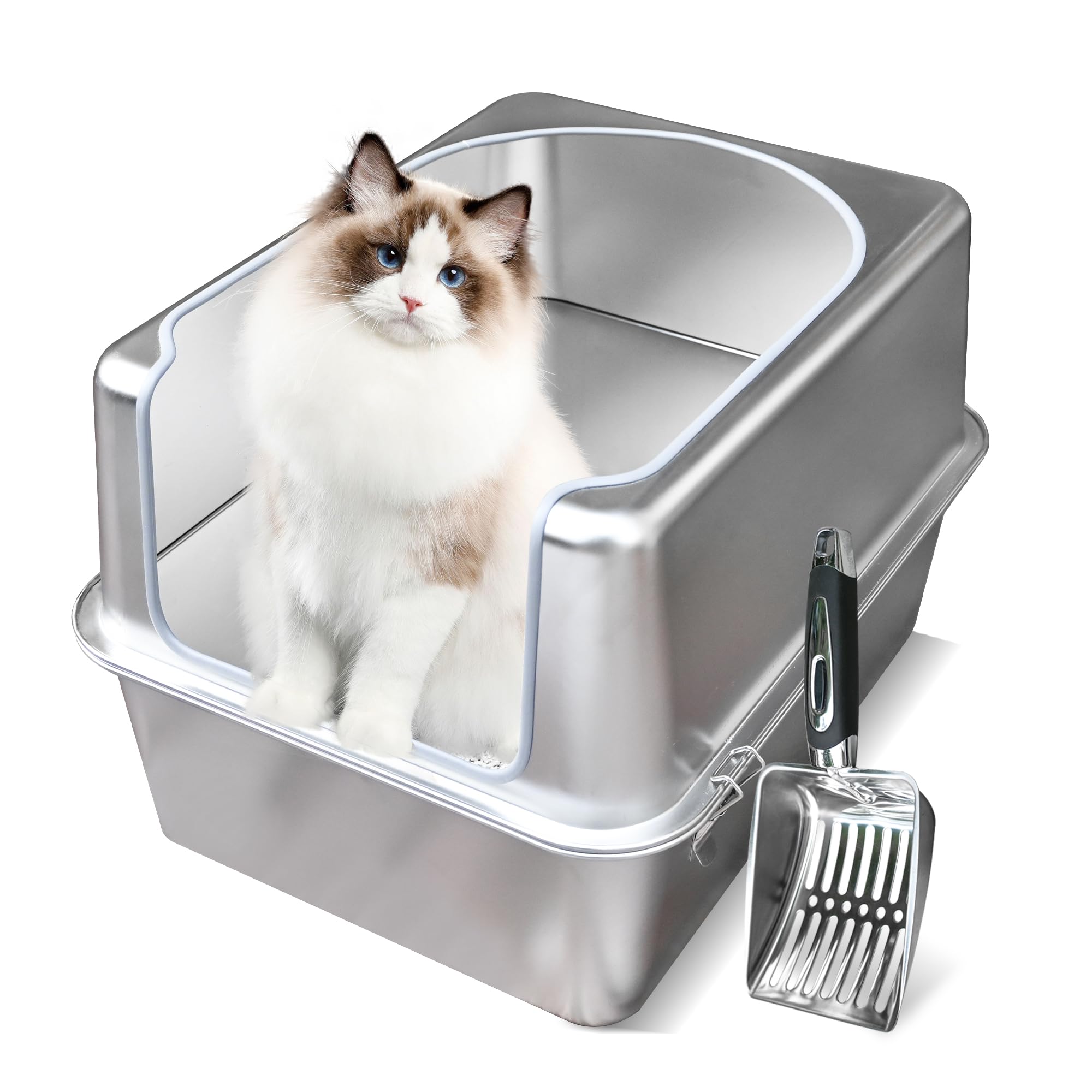 Aothey Stainless Steel Litter Box with Metal Lid and Scoop  Enclosed Metal Litter Box for Large Cats, RustResistant, OdorCont