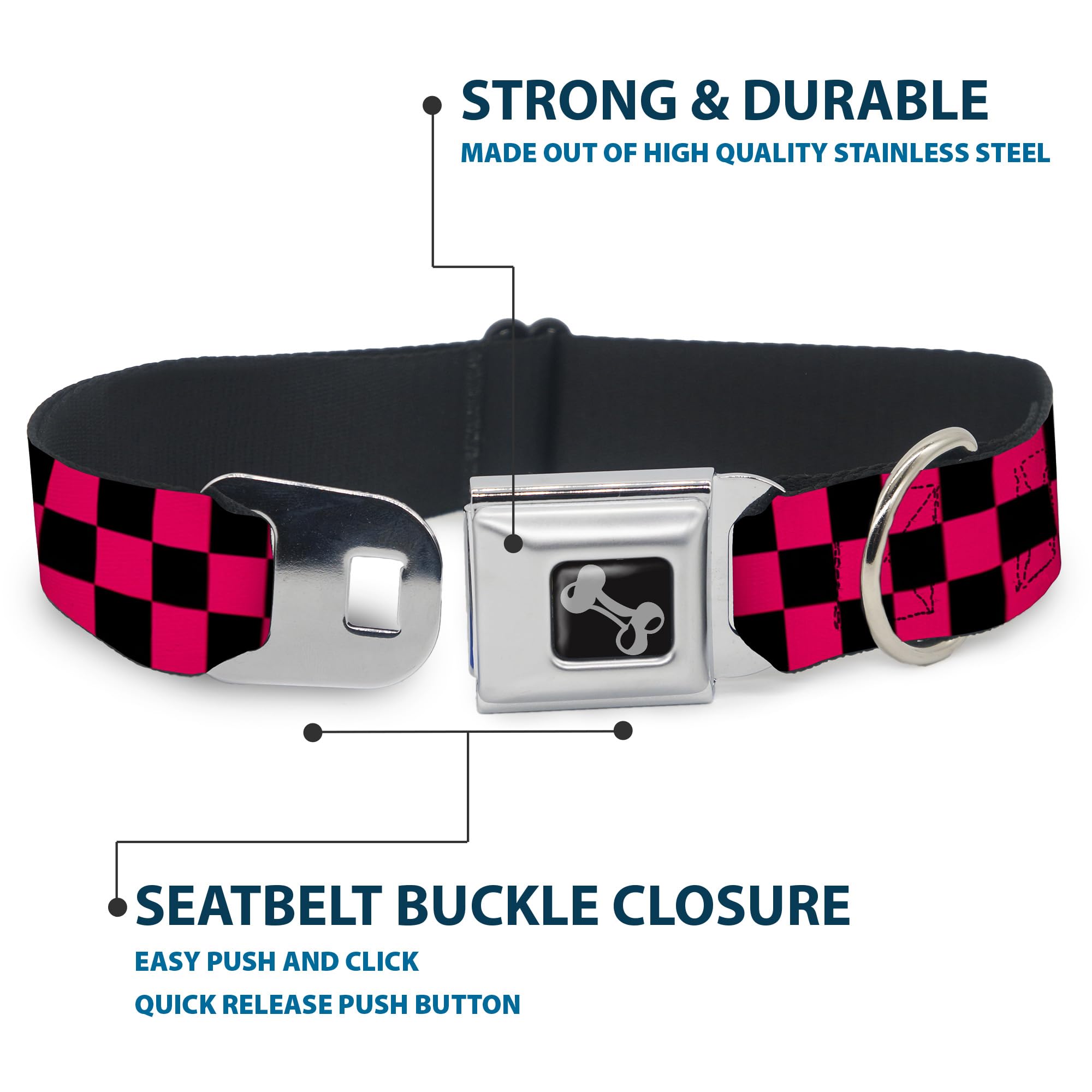 Buckle-Down Seatbelt Buckle Dog Collar - Checker Black/Neon Pink - 1' Wide - Fits 11-17' Neck - Medium