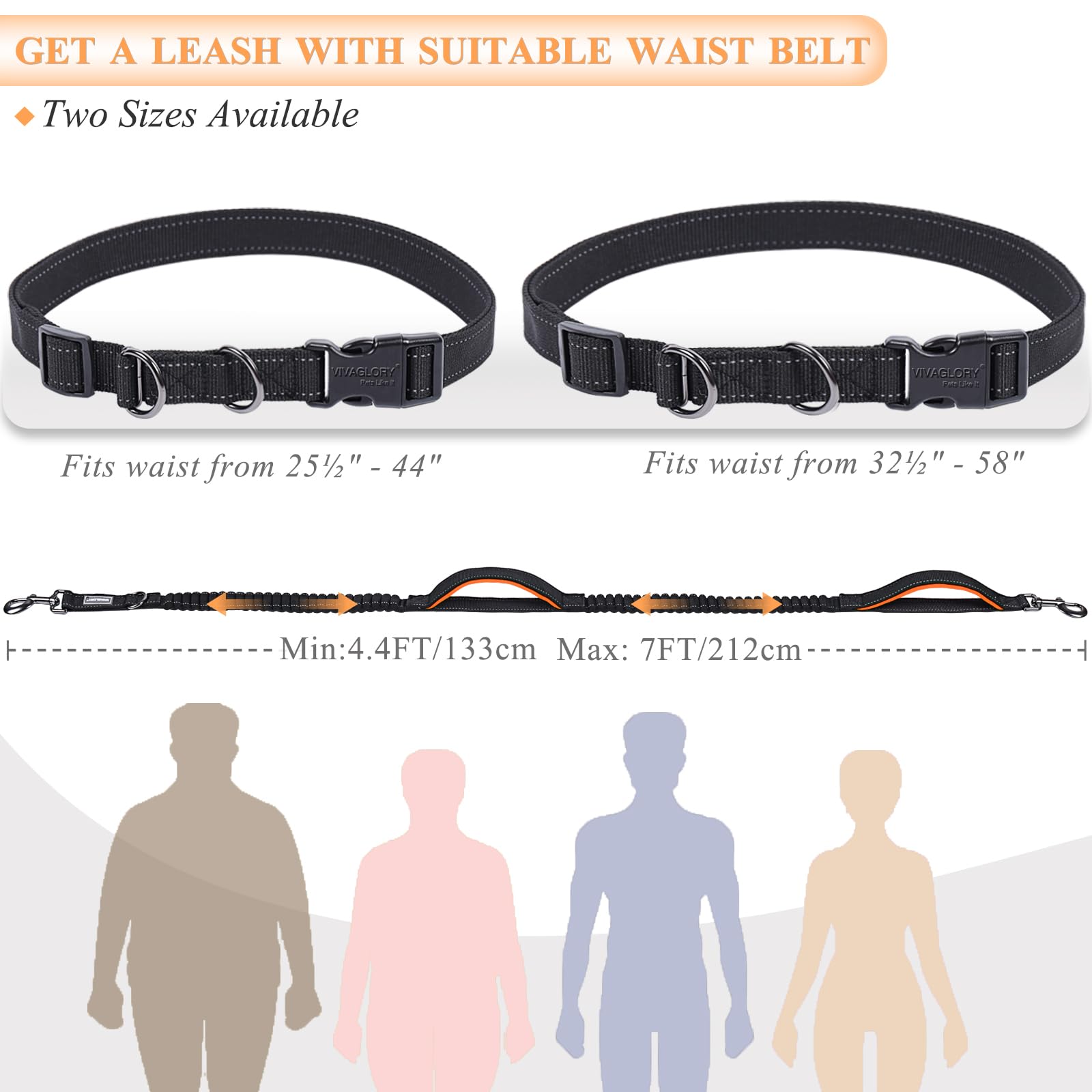 Vivaglory Hands Free Dog Leash With Dual Advanced Anti-Shock Bungees And Padded Handles, Reflective Waist Running Leash With Adjustable Belt For Training Jogging For Medium Large Dogs, Black/Orange
