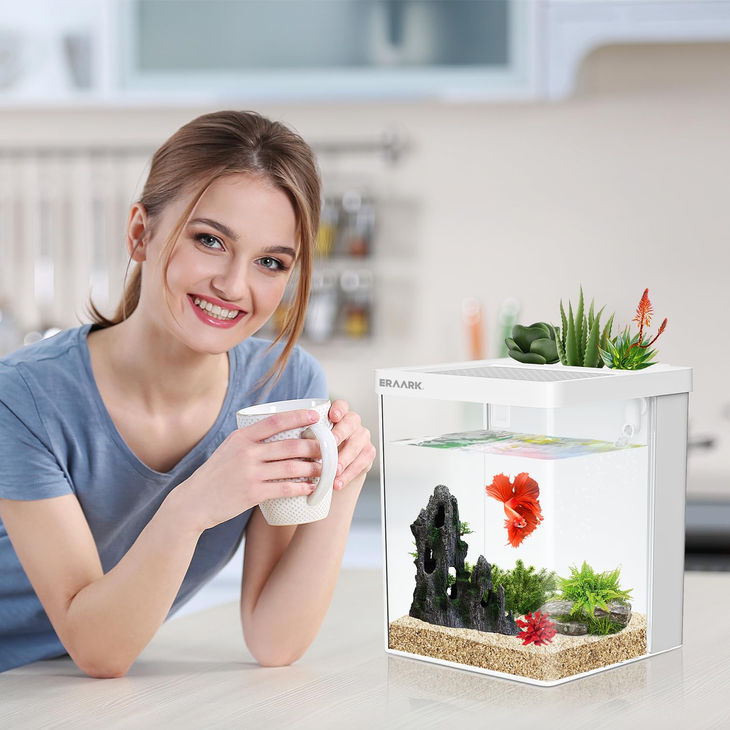 Eraark Smart Betta Fish Tank 1.5 Gallon Aquarium Kit Self Cleaning, Filter Led Light, Water Pump