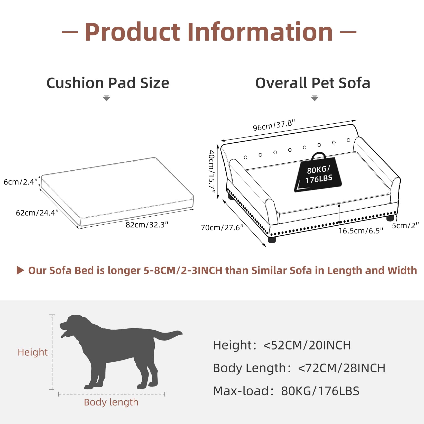 Bingopaw Large Dog Sofa Bed: Dogs Indoor Raised Lounge Chaise Couches Made By Faux Leather - Big Fancy Doggy Furniture Style Bed