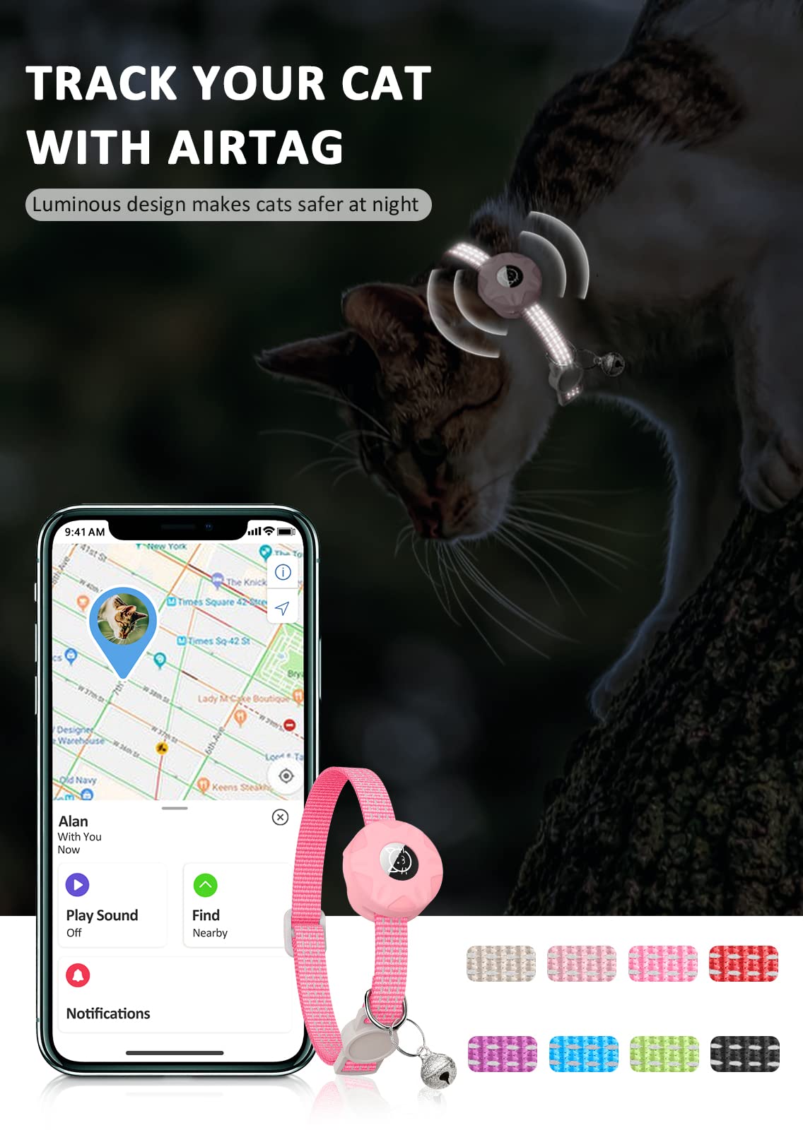 Airtag Cat Collar, Reflective Kitten Collar Breakaway Apple Air Tag Cat Collar, Gps Cat Collar With Airtag Holder And Bell, Lightweight Tracker Cat Collars For Girl Boy Cats Kittens Puppies(Pink)