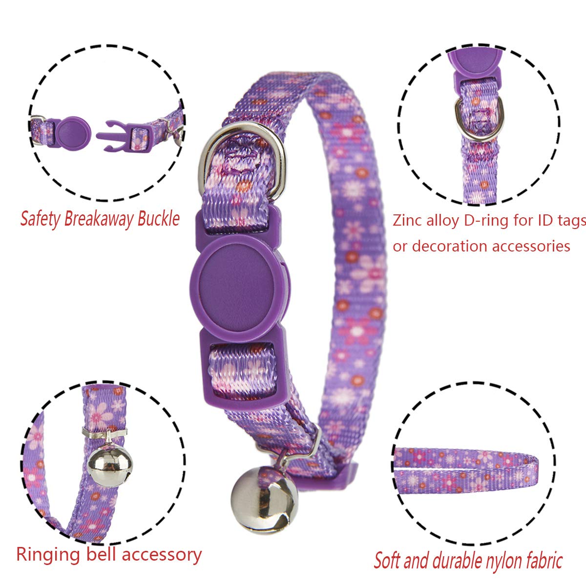 Ewinoom 2 Pack Floral Cat Collars Breakaway Kitten Collar With Bell Adjustable Cute Kitty Collar For Female Cats Pink Purple