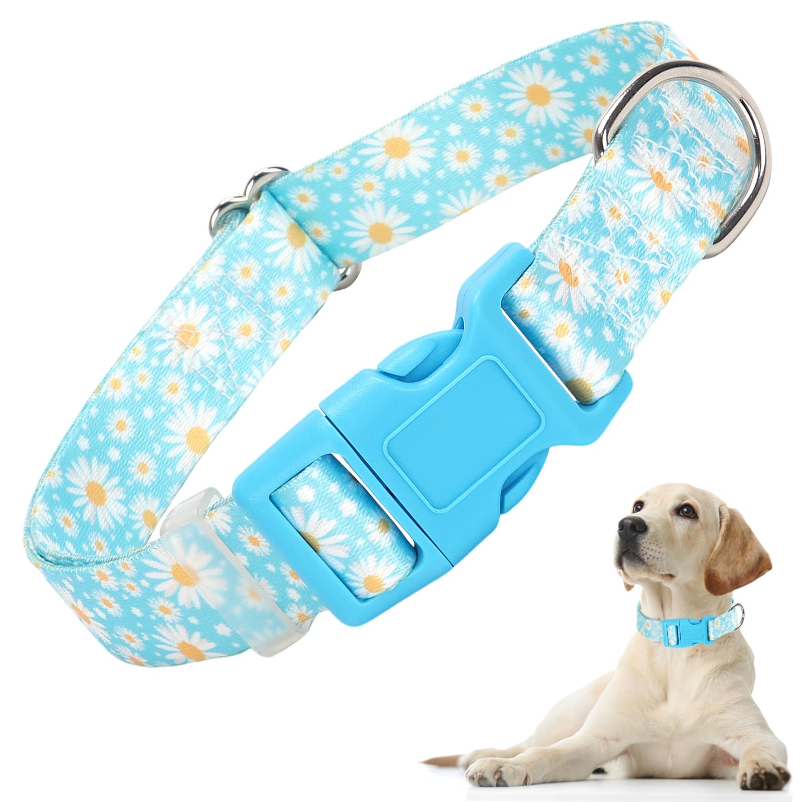 Dog Collars For Puppy Small Dogs With Blue Daisy Flowers Floral Design For Boy Girl Dogs, Adjustable Comfy Soft Pet Collar With 